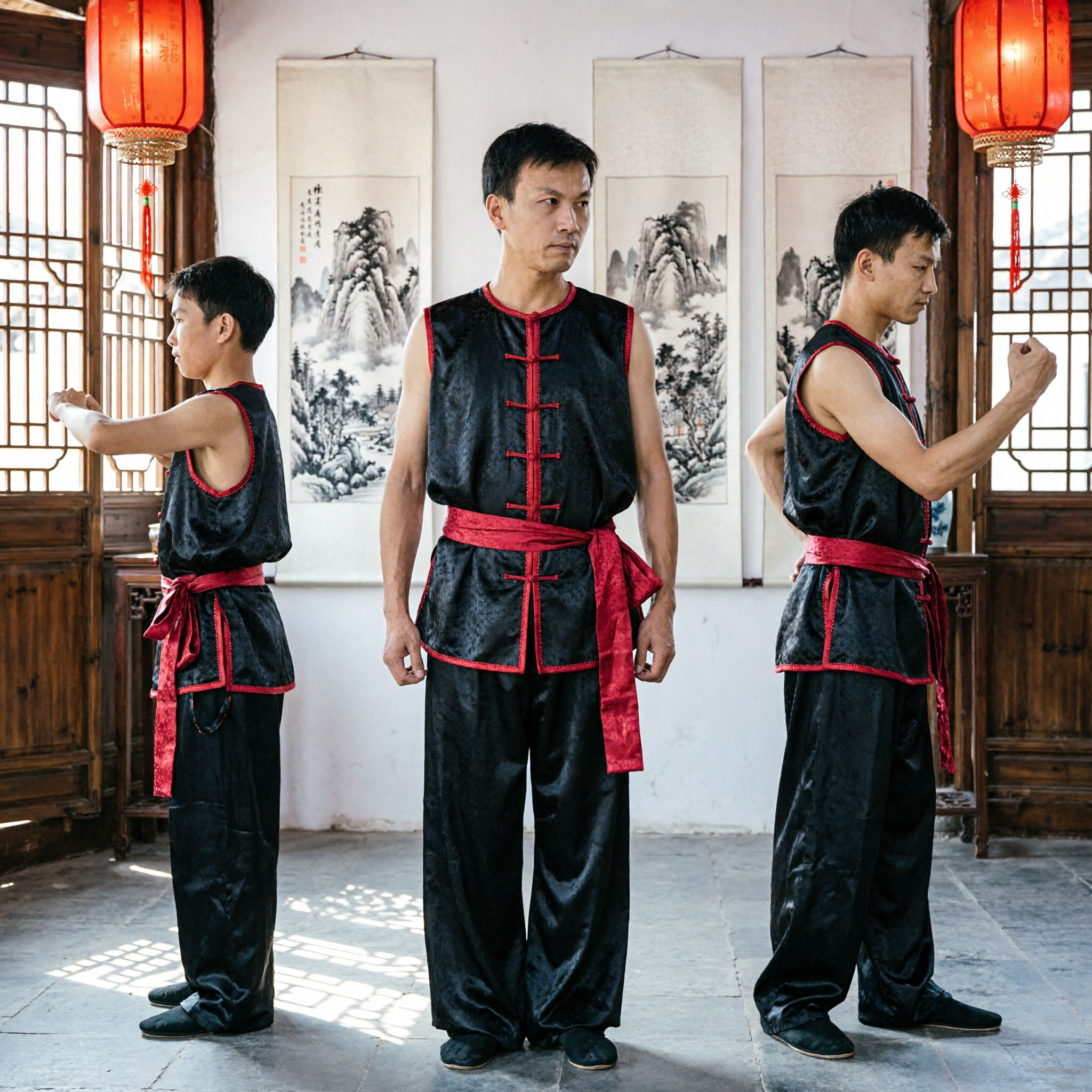 Men's Traditional Black and Red Sleeveless Kung Fu Uniform Wushu Tai Chi Martial Arts Training Suit