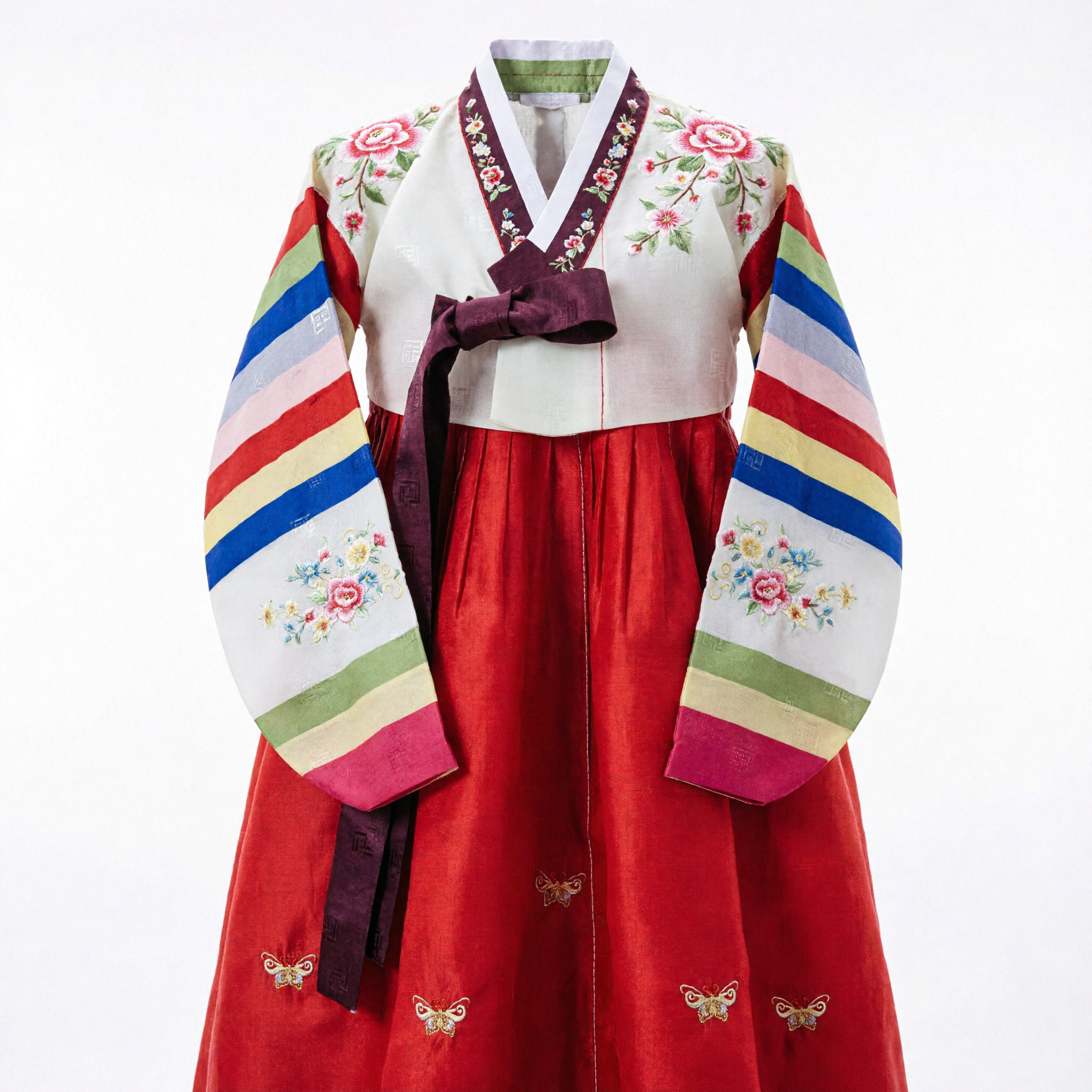 Women's Traditional Korean Hanbok Red Chima and White Jeogori Set for Wedding and Festivals