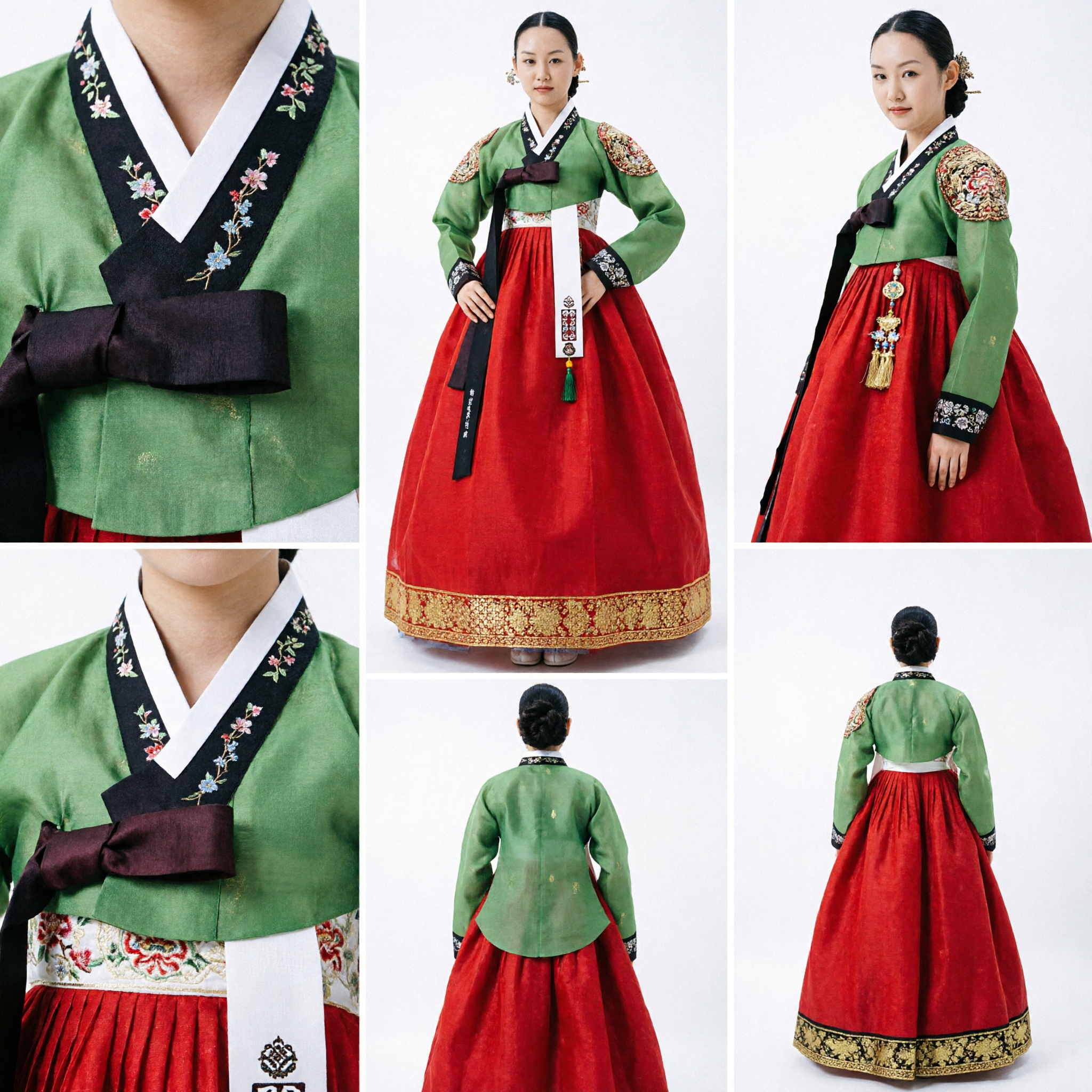 Women's Traditional Korean Hanbok Set Green Embroidered Jeogori and Red Chima for Special Occasions and Weddings