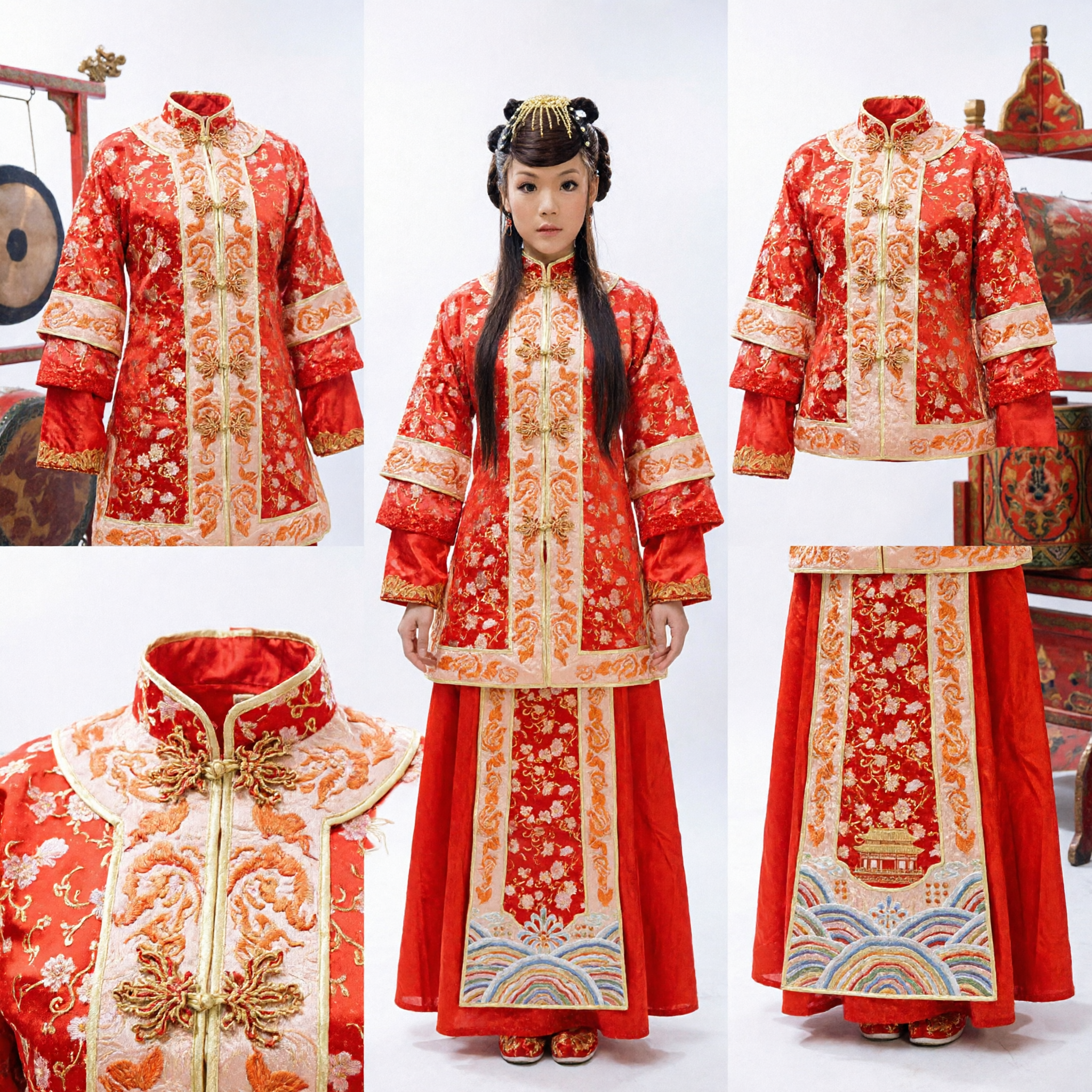 Traditional Chinese Red Wedding Dress Embroidered Qun Kwa Gown for Bride Ceremony Performance