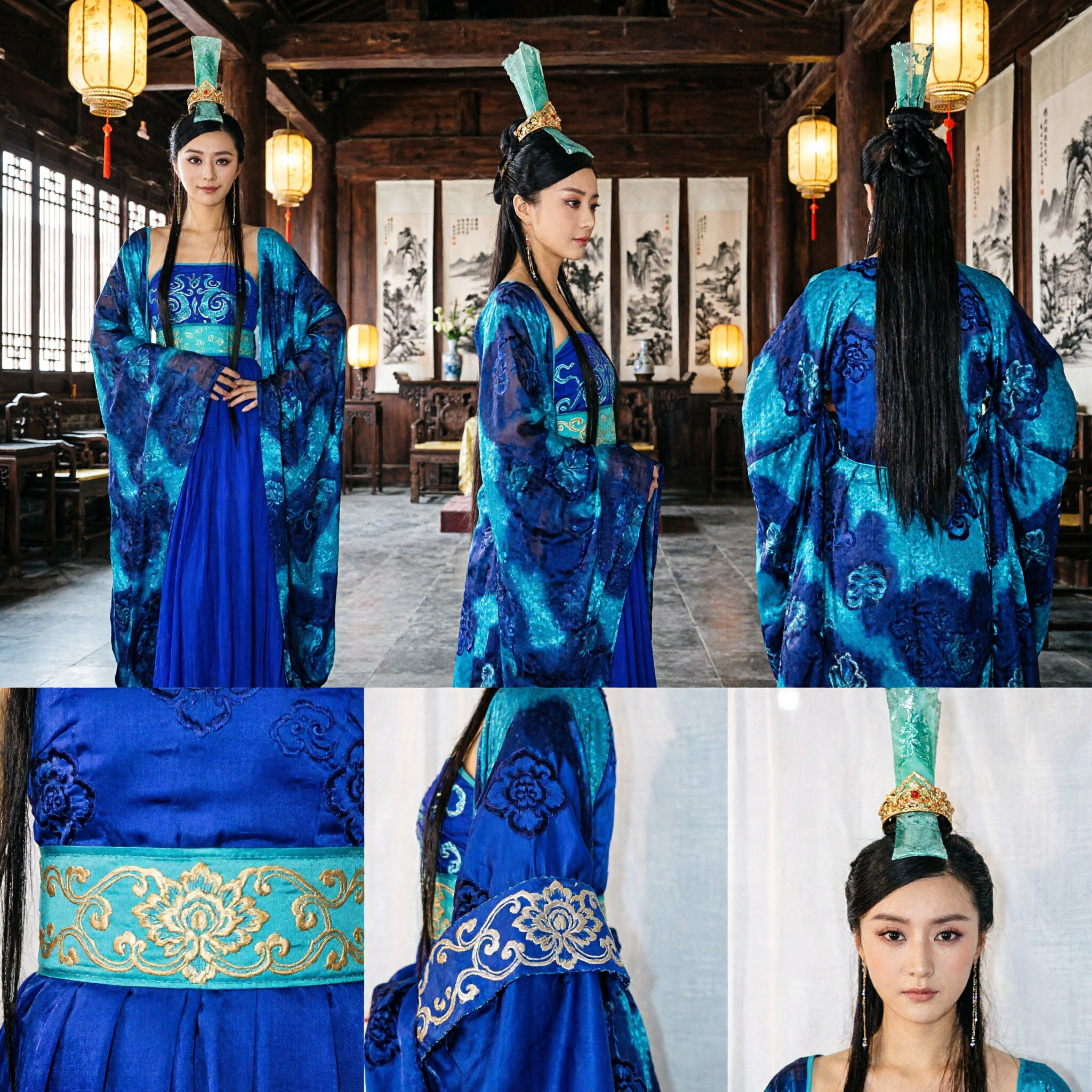 Ancient Chinese Blue Empress Costume Traditional Tang Dynasty Princess Dress for Women Stage Performance