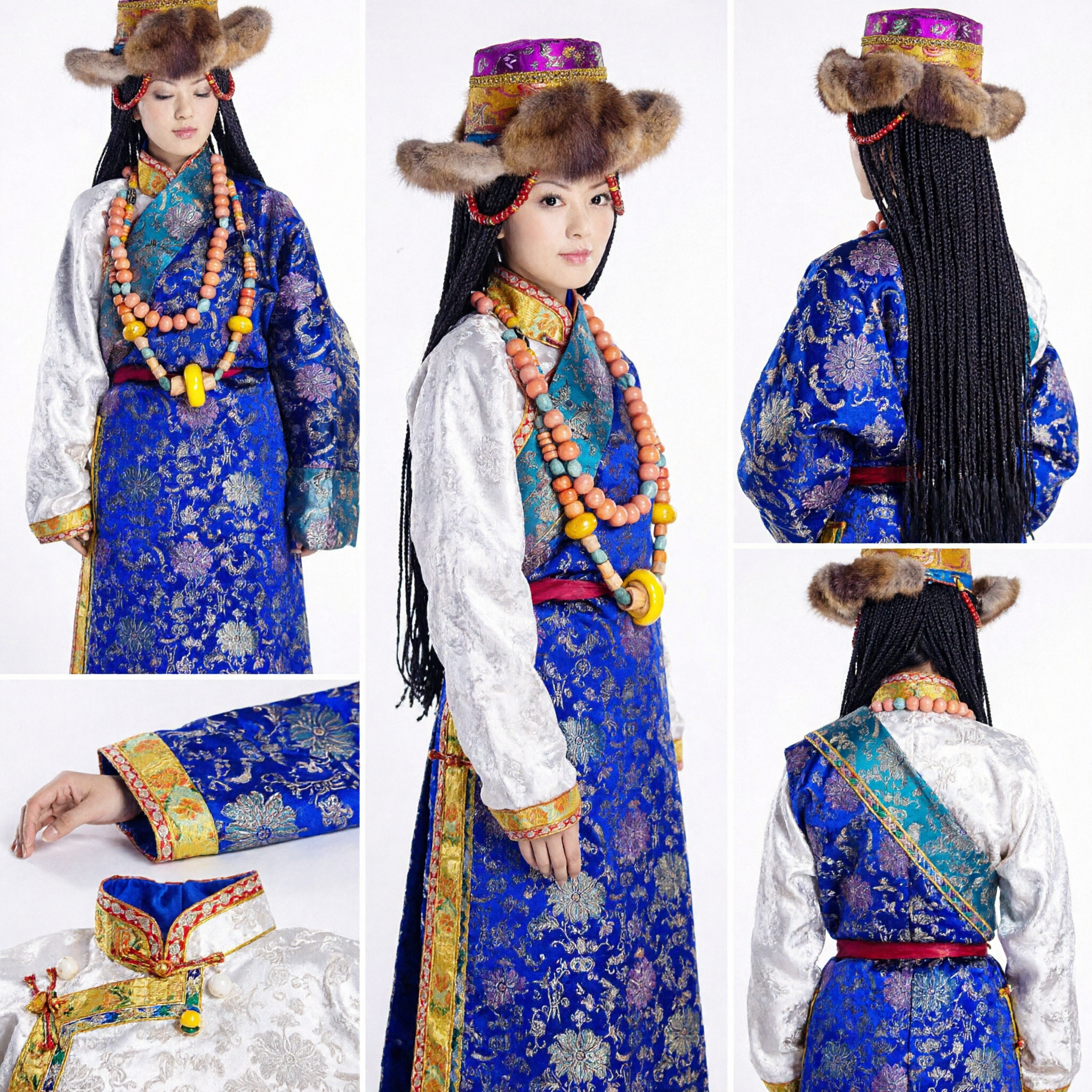 Traditional Tibetan Woman Costume Blue Silk Robe with Fur Hat and Jewelry Set for Dance Performance