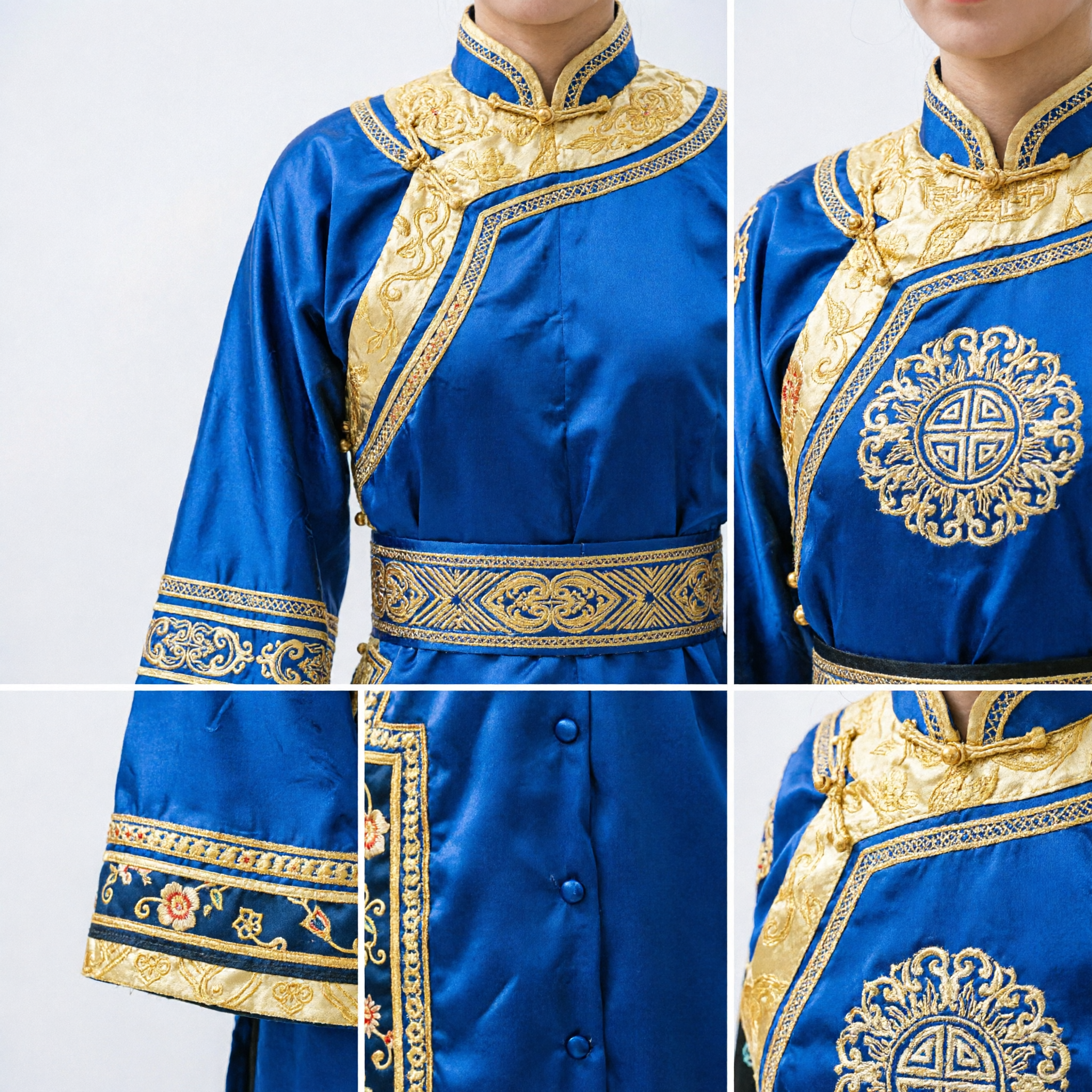 Women's Royal Blue Qing Dynasty Manchu Dance Costume Set with Gold Embroidery and Fans for Cultural Stage Performance