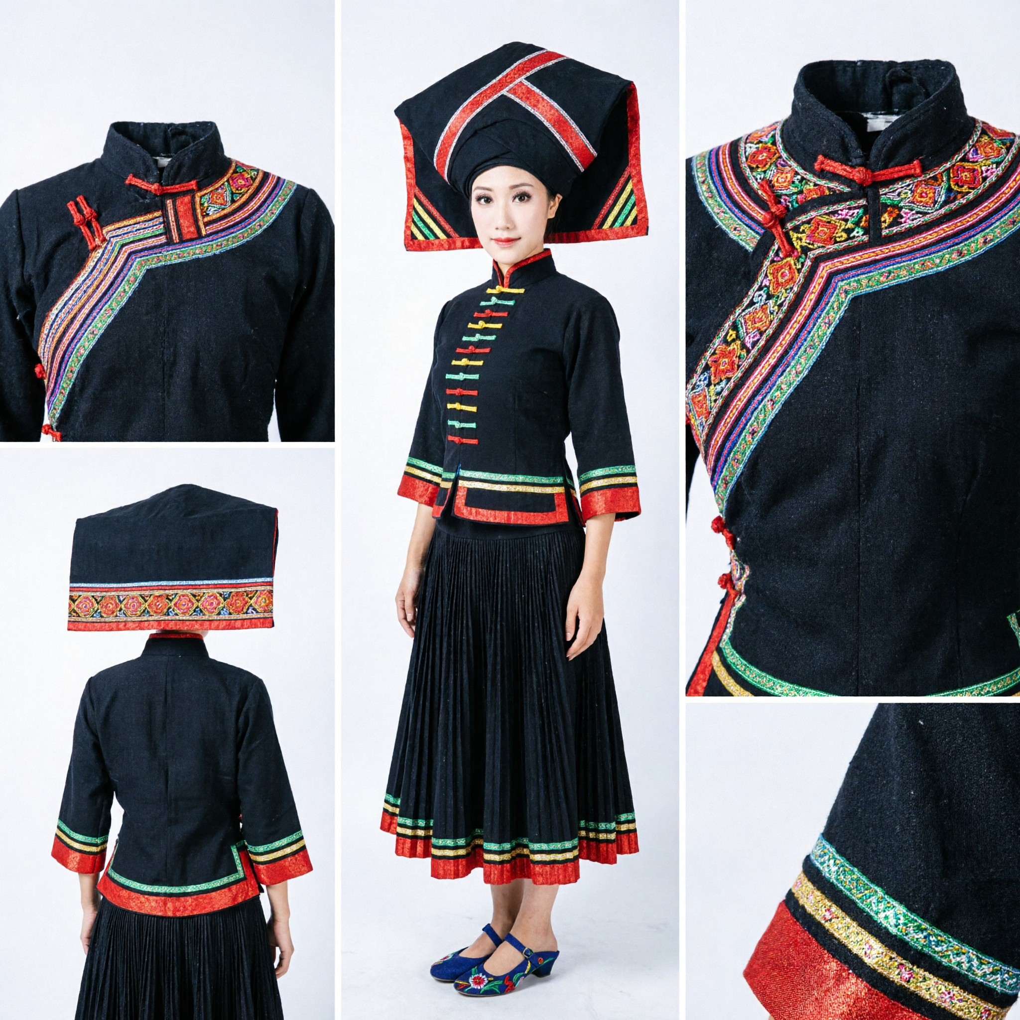 Traditional Chinese Zhuang Ethnic Minority Costume Women Folk Dance Stage Performance Dress Black Outfit with Hat