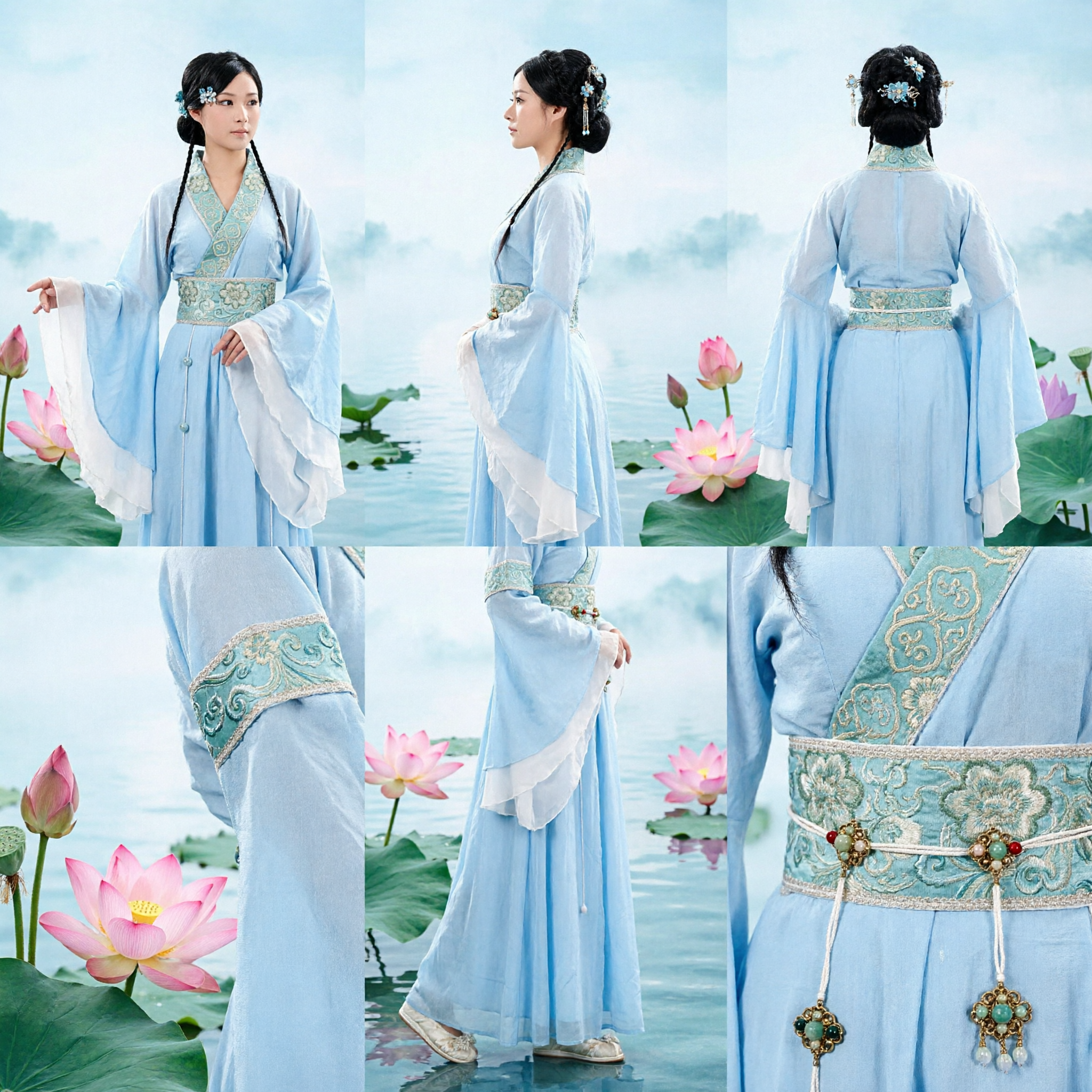 Elegant Blue Traditional Chinese Hanfu Dress with Floral Embroidery for Women Classical Dance Performance