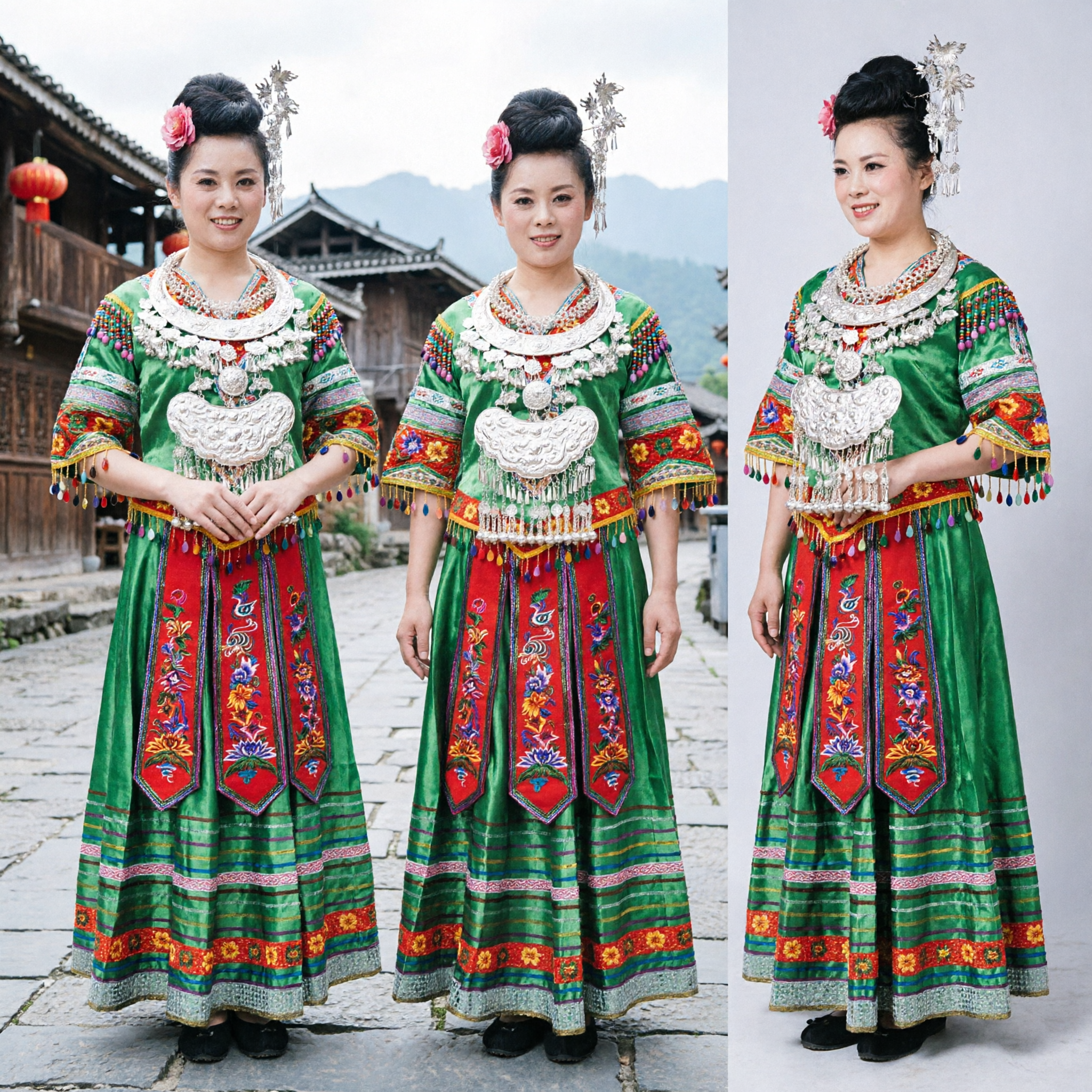 Traditional Chinese Miao Ethnic Green Folk Dance Costume Complete Set with Silver Jewelry for Women