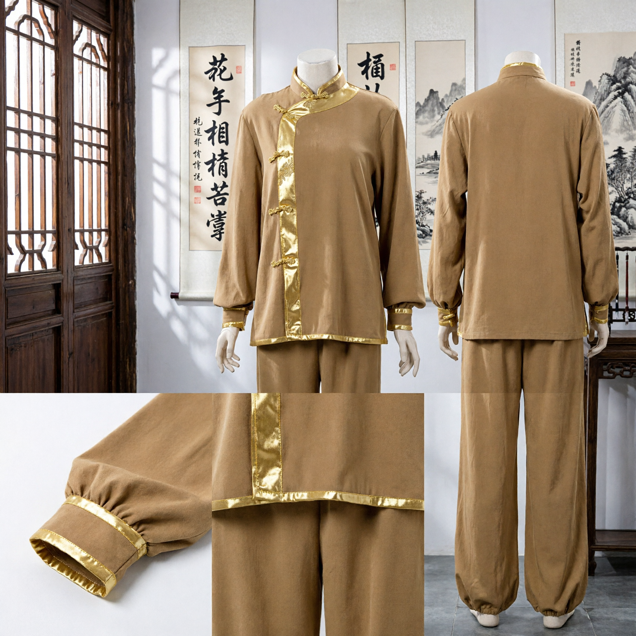 Luxury Gold Satin Traditional Chinese Kung Fu Uniform Tai Chi Martial Arts Suit for Men and Women