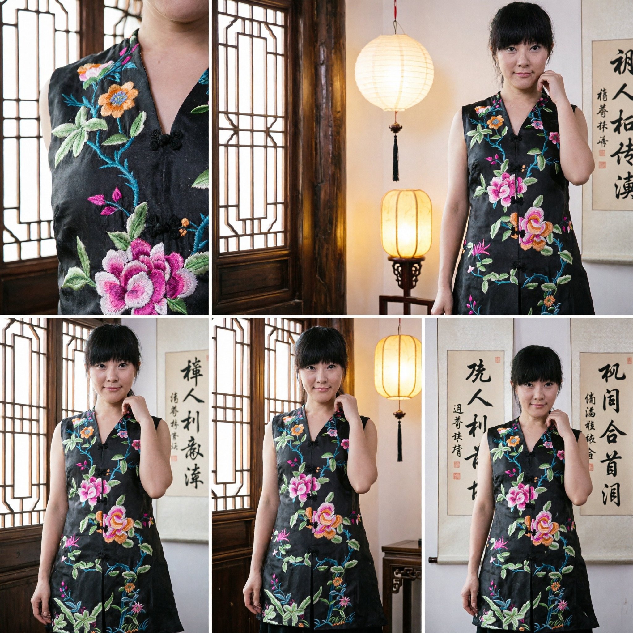 Elegant Black Silk Chinese Tang Suit Vest Women's Sleeveless Top with Traditional Peony Embroidery Design