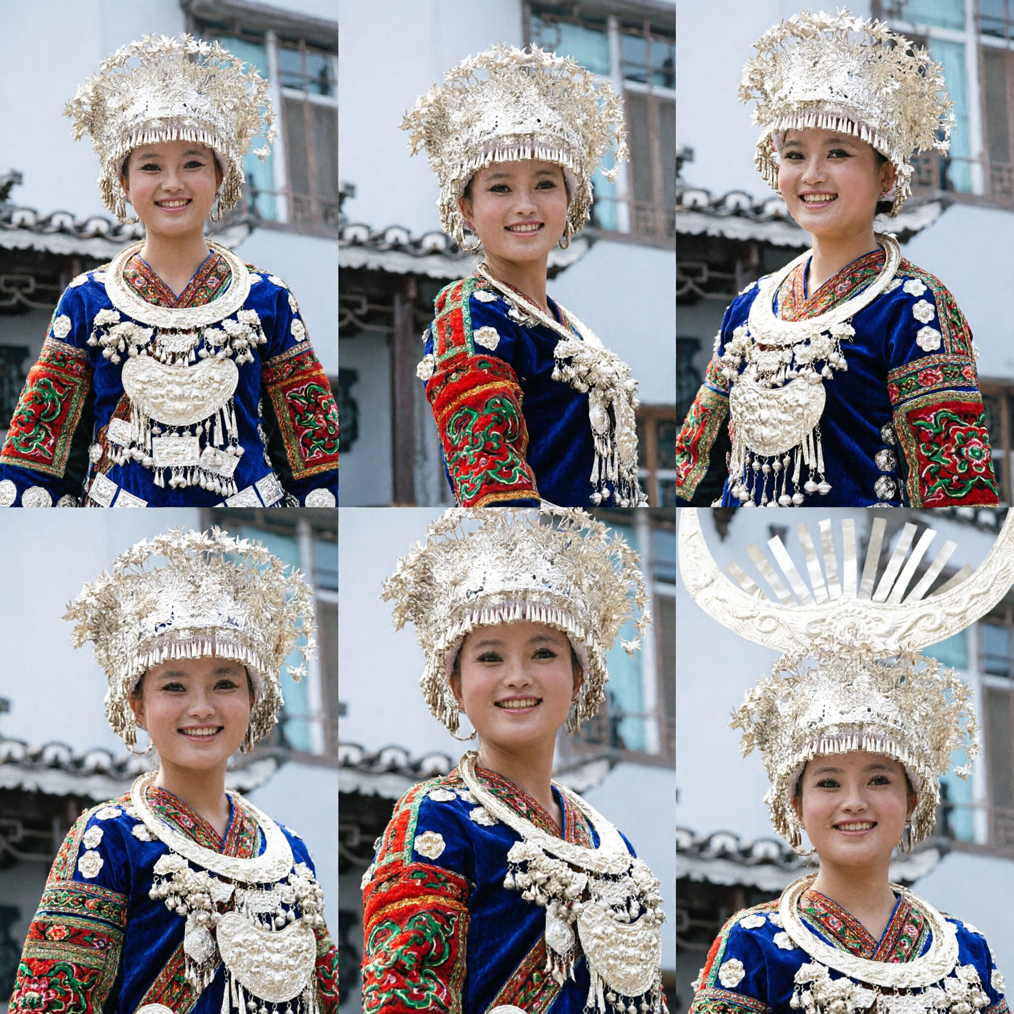 Authentic Miao Ethnic Silver Headdress and Embroidered Blue Costume for Traditional Chinese Festival Performance