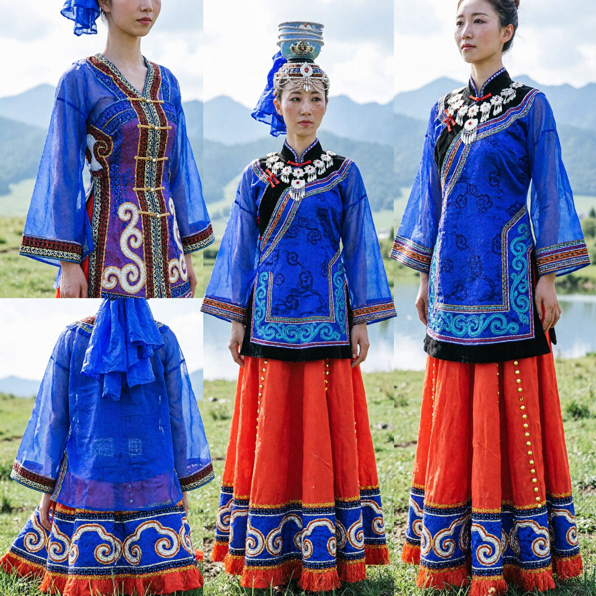 Traditional Mongolian Folk Dance Costume Women Blue Top Red Skirt Bowl Dance Performance Stage Outfit