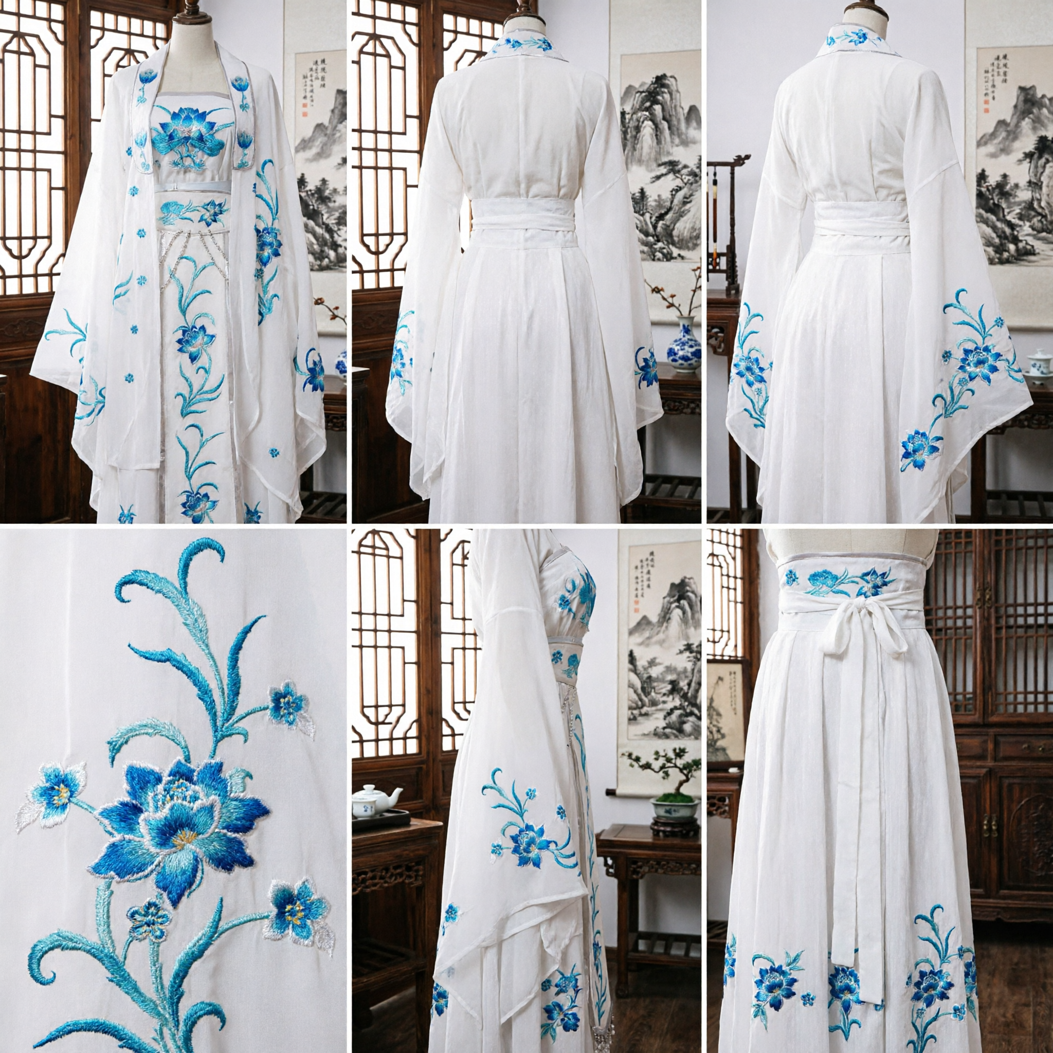 Chinese Traditional Hanfu Costume White and Blue Floral Embroidery Ancient Fairy Opera Dress for Stage Performance