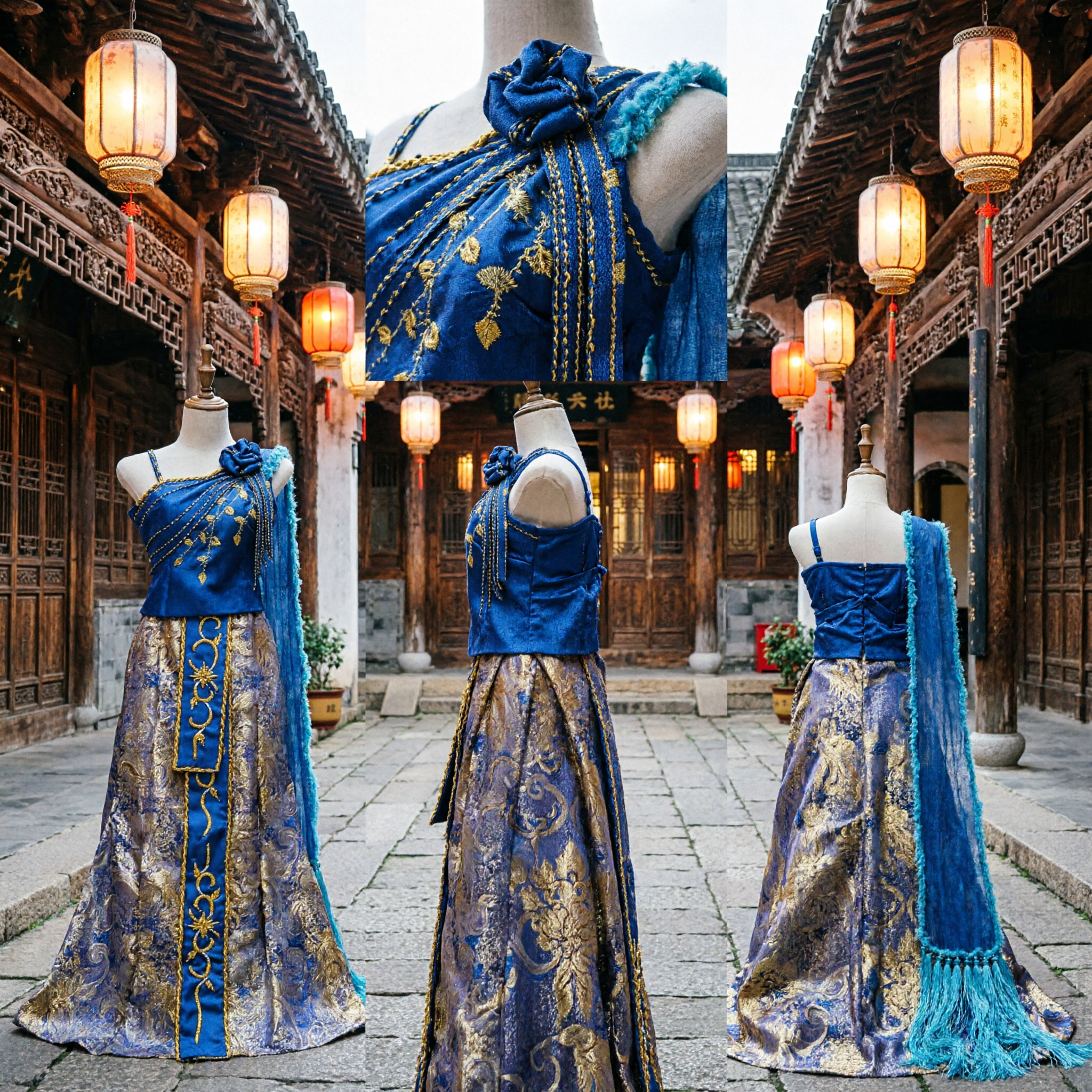 Traditional Chinese Dai Ethnic Minority Dance Costume Blue Gold One-Shoulder Dress for Women Stage Performance