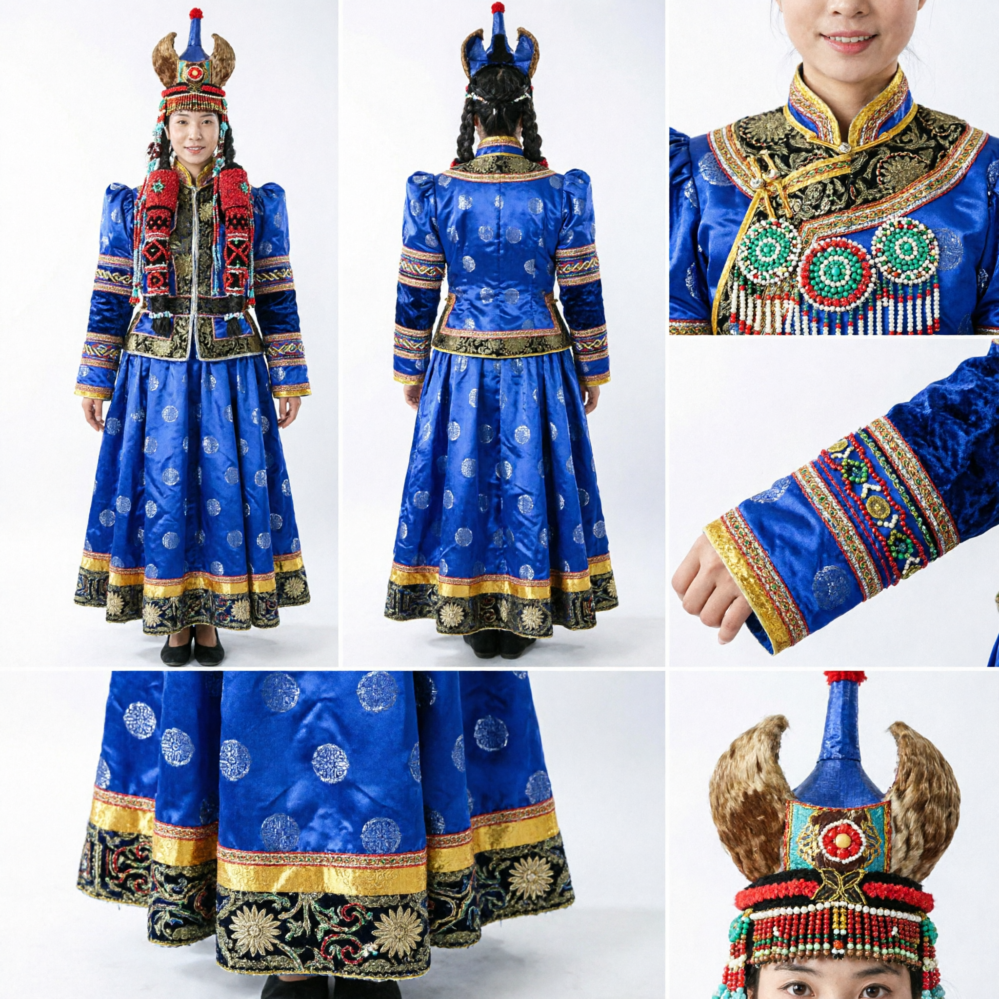 Women's Traditional Mongolian Blue Satin Deel Robe with Headdress Ethnic Dance Ceremonial Performance Costume