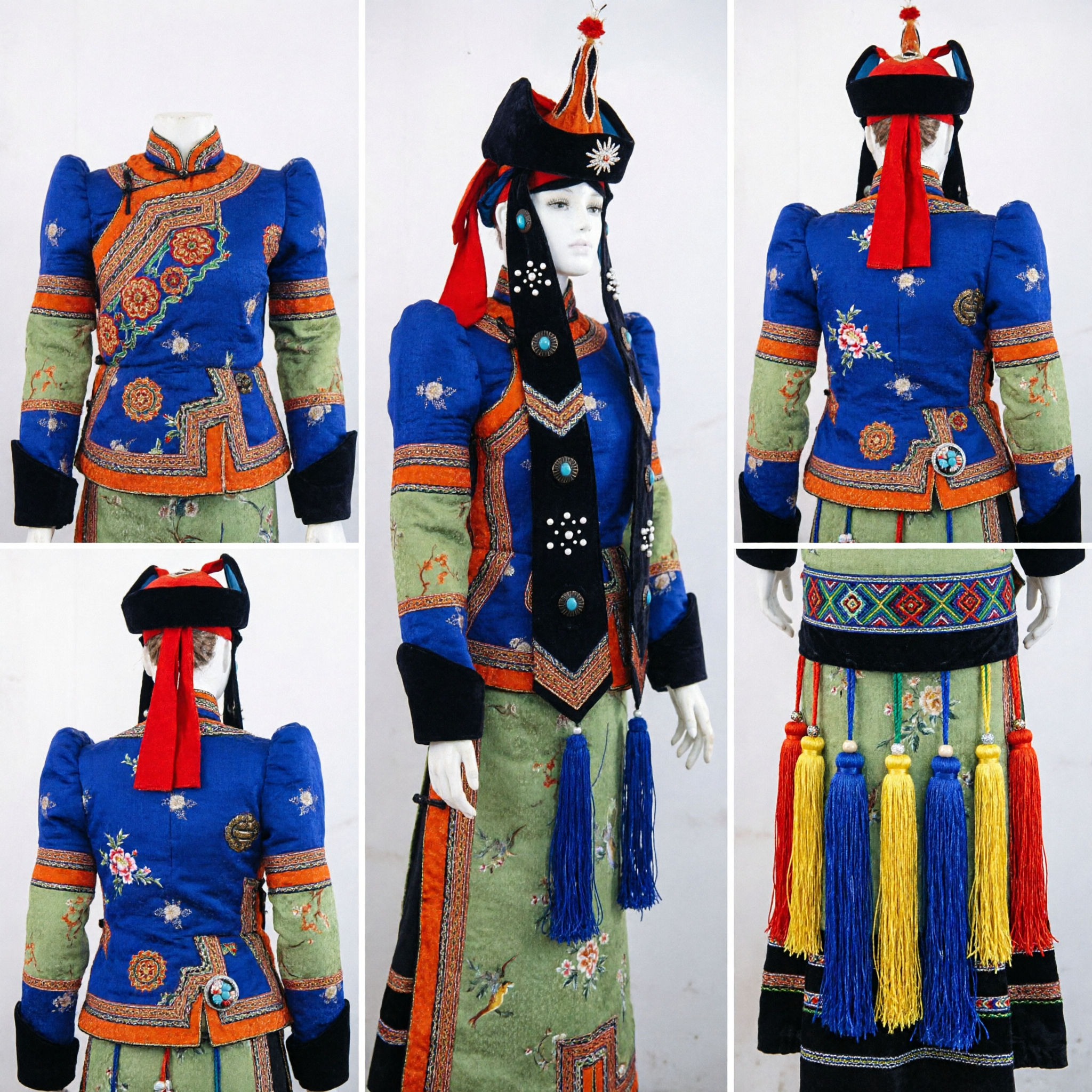 Traditional Chinese Ethnic Minority Costume Blue Green Embroidery Stage Performance Outfit Complete Set with Hat
