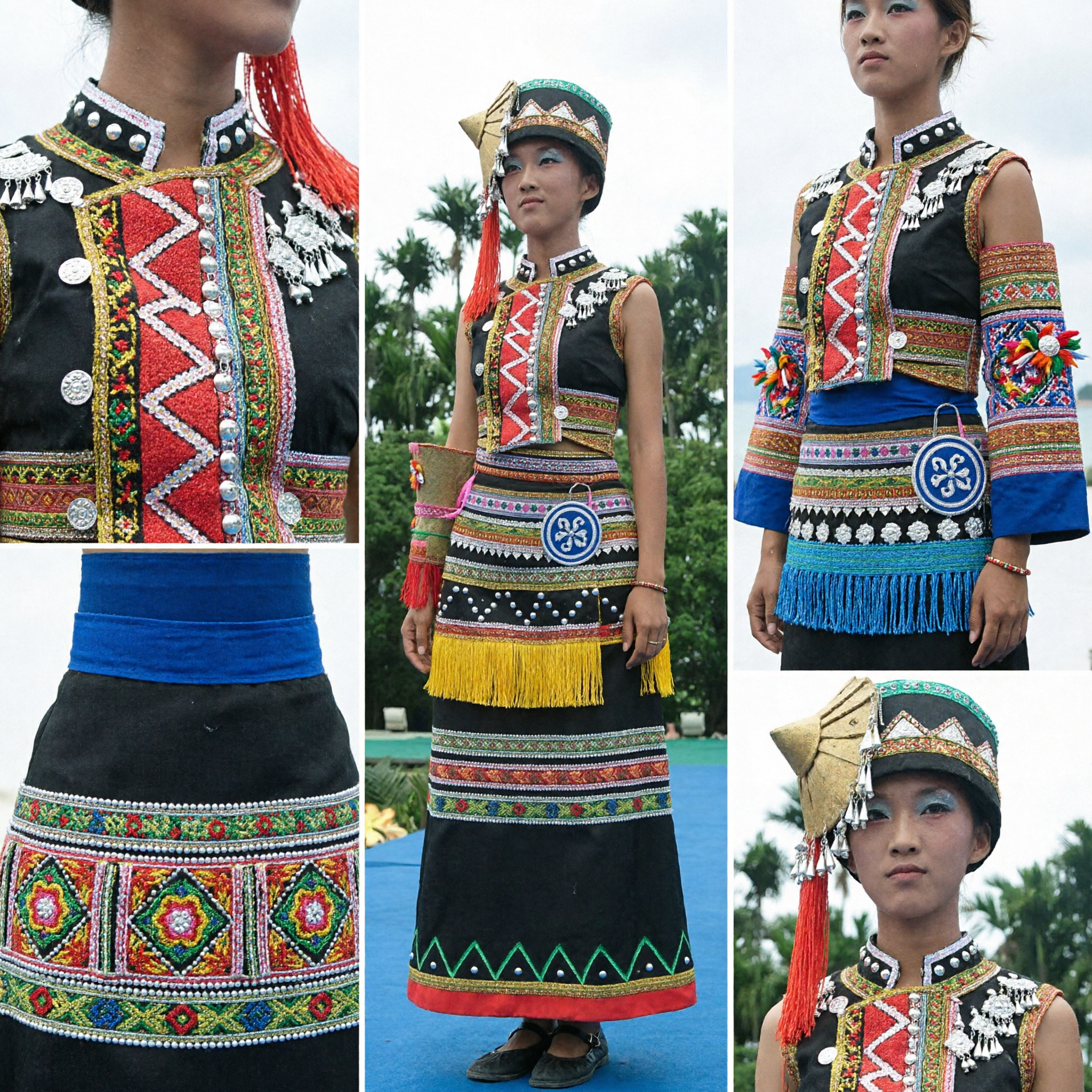 Traditional Chinese Ethnic Minority Lahu Dress Women's Embroidered Costume for Cultural Festival and Stage Performance