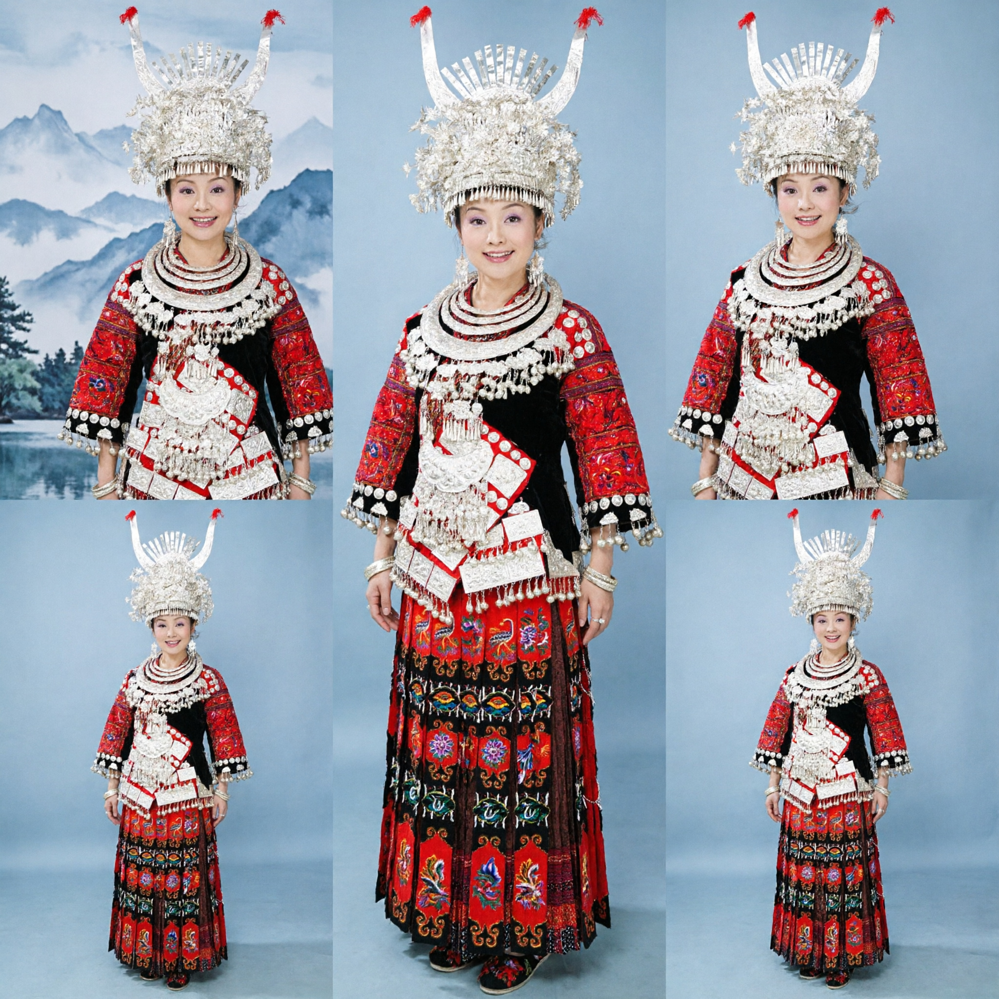 Chinese Miao Traditional Silver Headdress and Red Embroidered Folk Dance Costume Complete Set for Women Cultural Performance