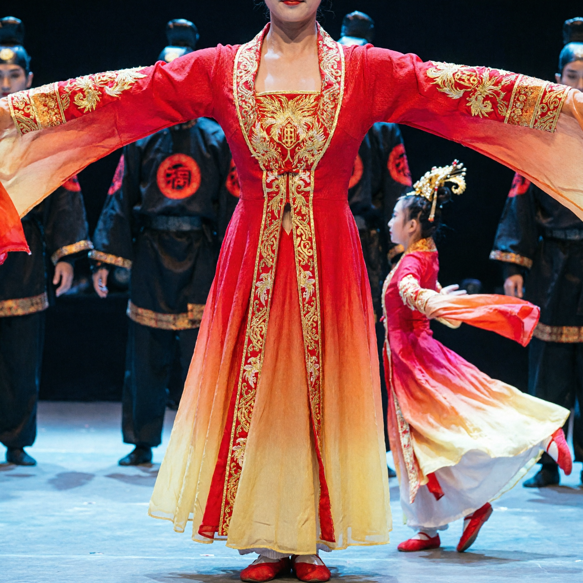 Women's Traditional Chinese Classical Dance Costume Red Water Sleeve Hanfu for Stage Performance and Folk Shows