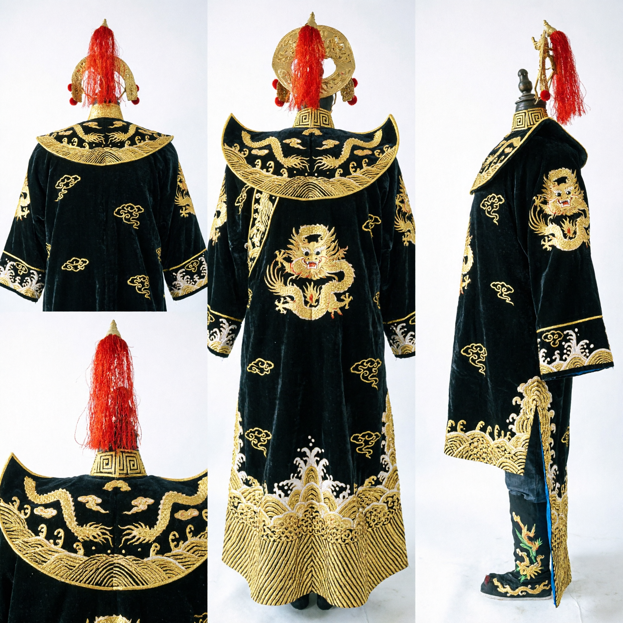 Traditional Black Chinese Opera Emperor Costume Set with Gold Dragon Embroidery, Hat, and Boots for Men