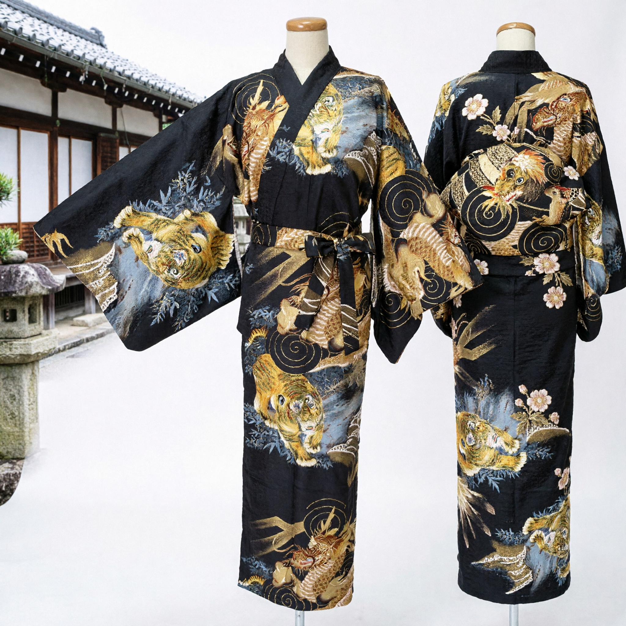 Men's Traditional Black Kimono Robe with Golden Dragon and Tiger Print Silk Yukata for Cosplay