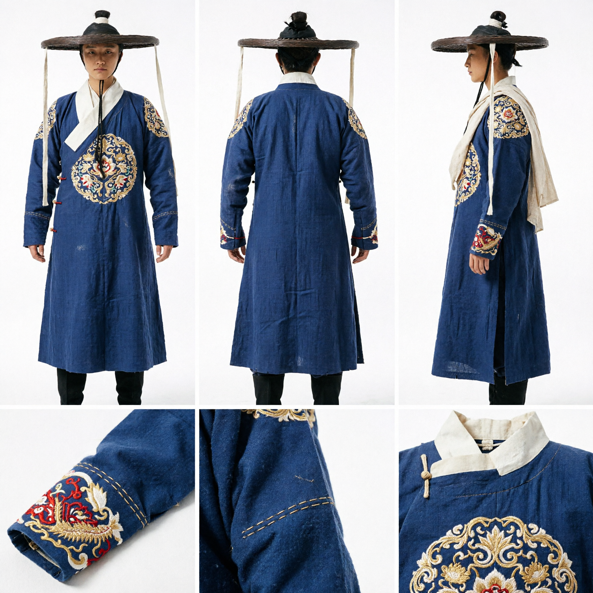 Traditional Chinese Ancient Traveler Costume Blue Robe and Wide-Brimmed Hat Set for Martial Arts Film and Cosplay
