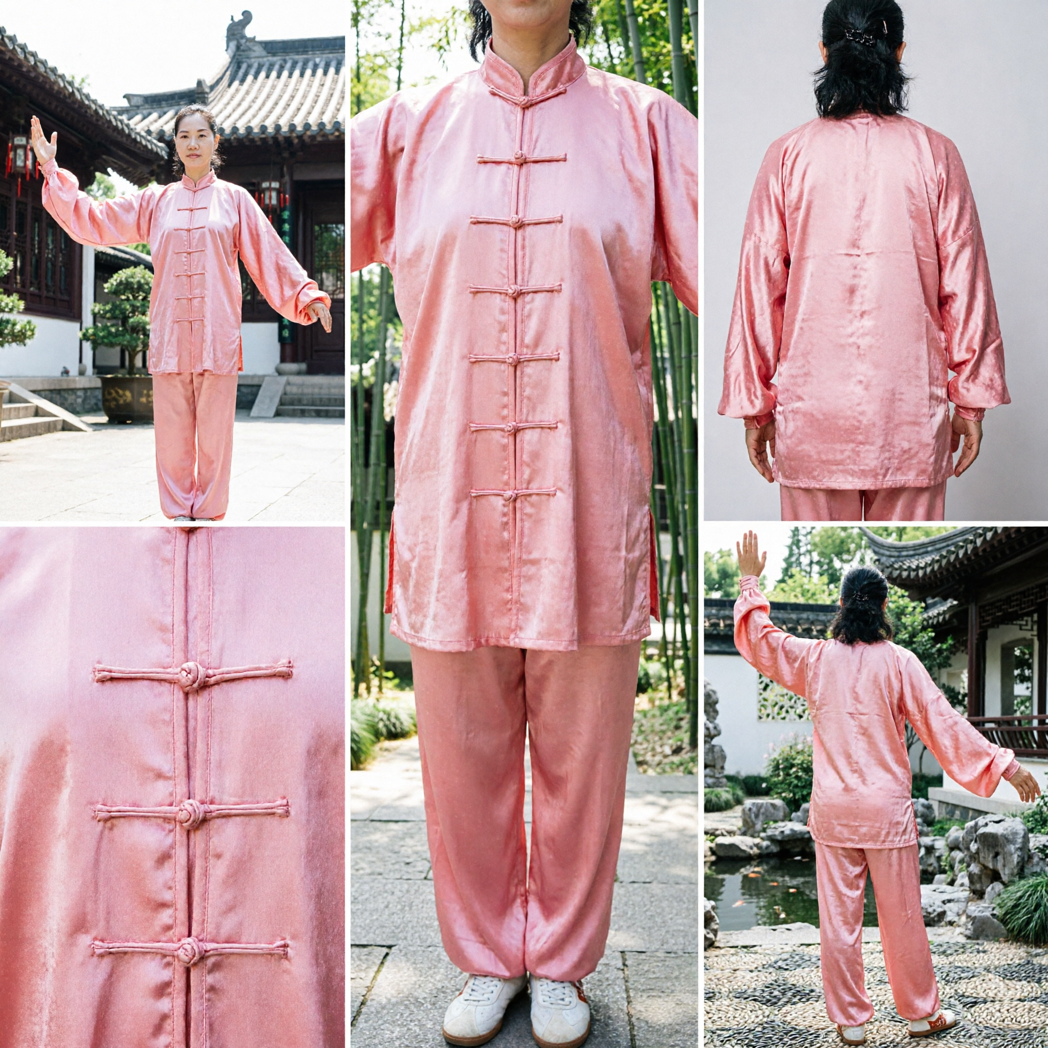 Women's Pink Silk Tai Chi Kung Fu Uniform Traditional Martial Arts Clothing Set for Practice