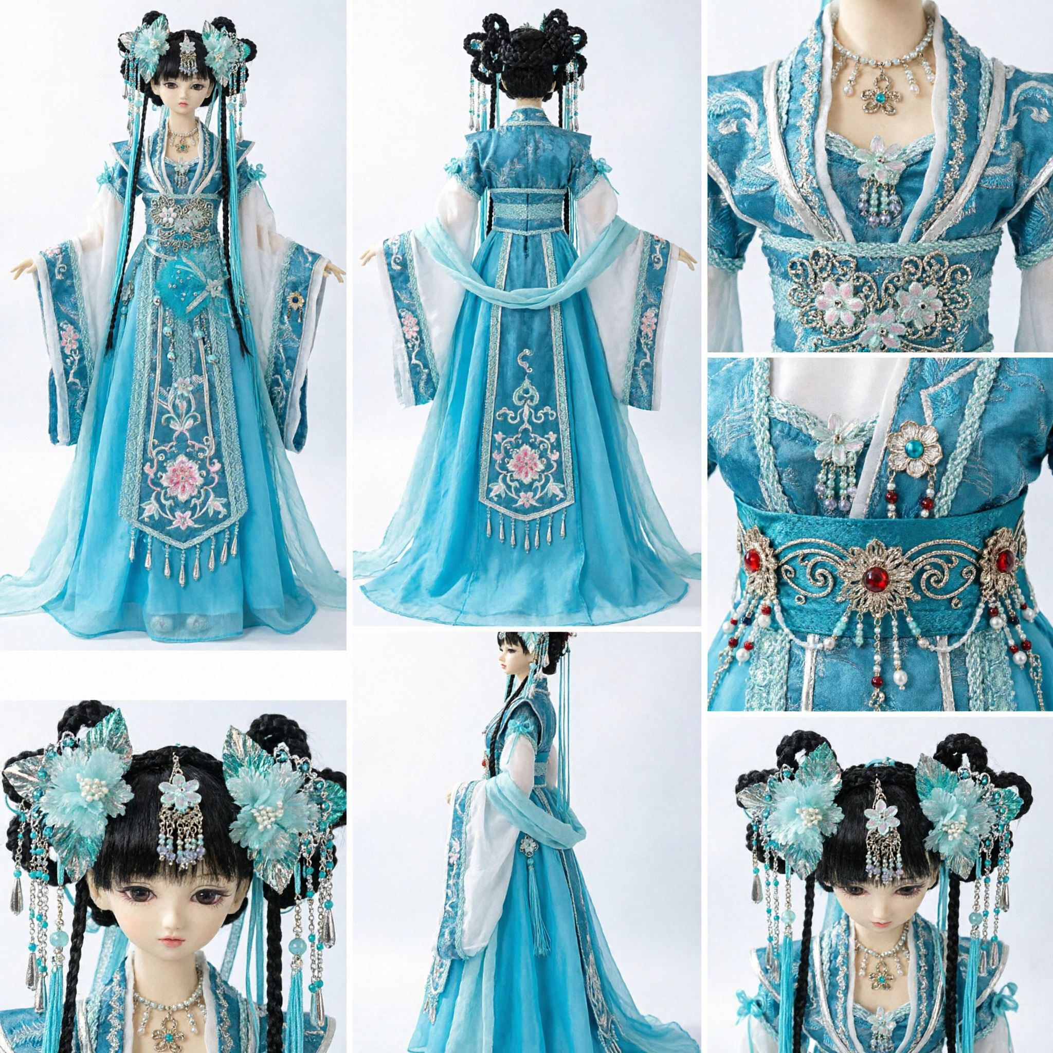 Exquisite Blue Hanfu Costume for BJD Dolls Traditional Chinese Fairy Dress Up Set with Hair Jewelry