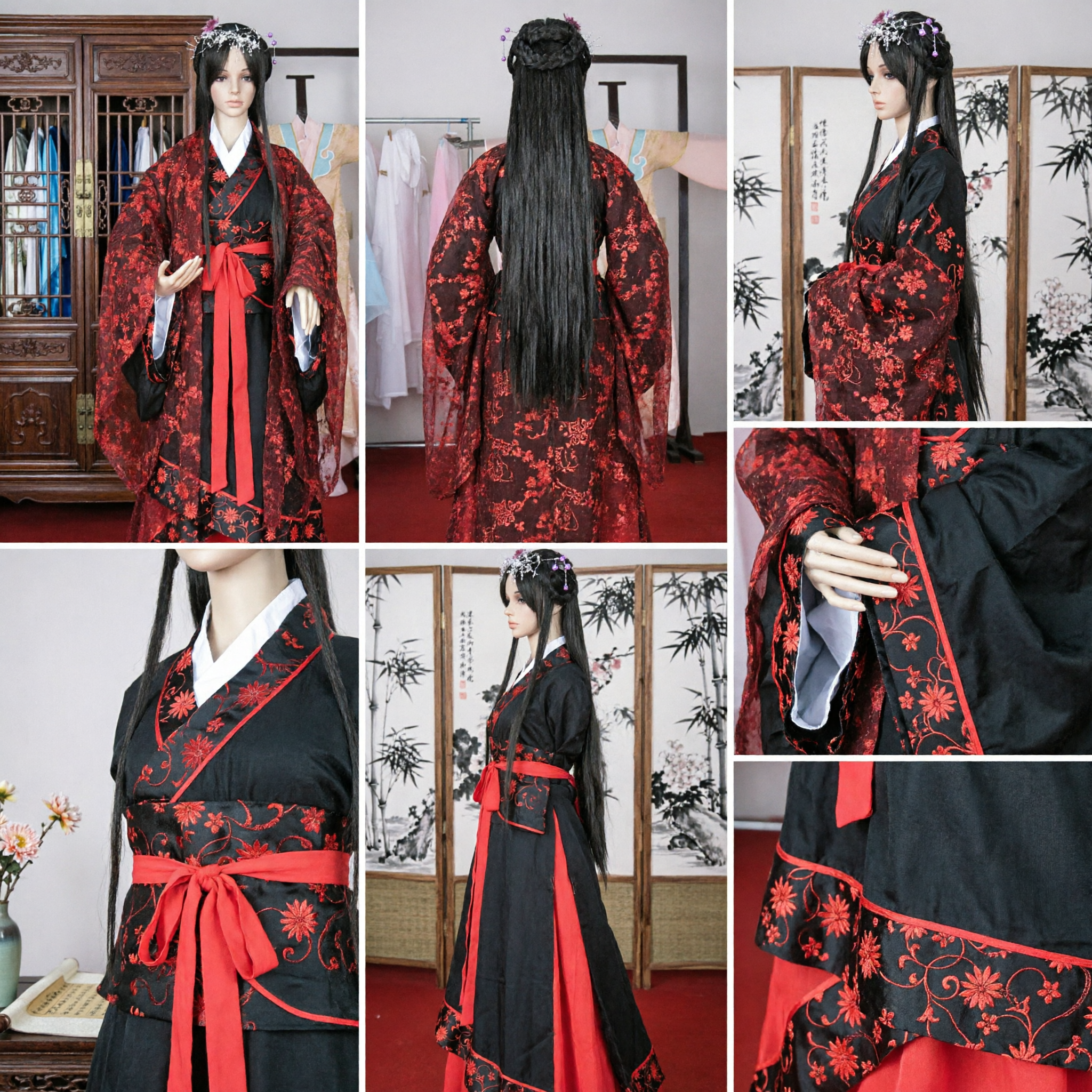 Traditional Chinese Hanfu Black and Red Floral Embroidery Ancient Princess Costume for Women Performance