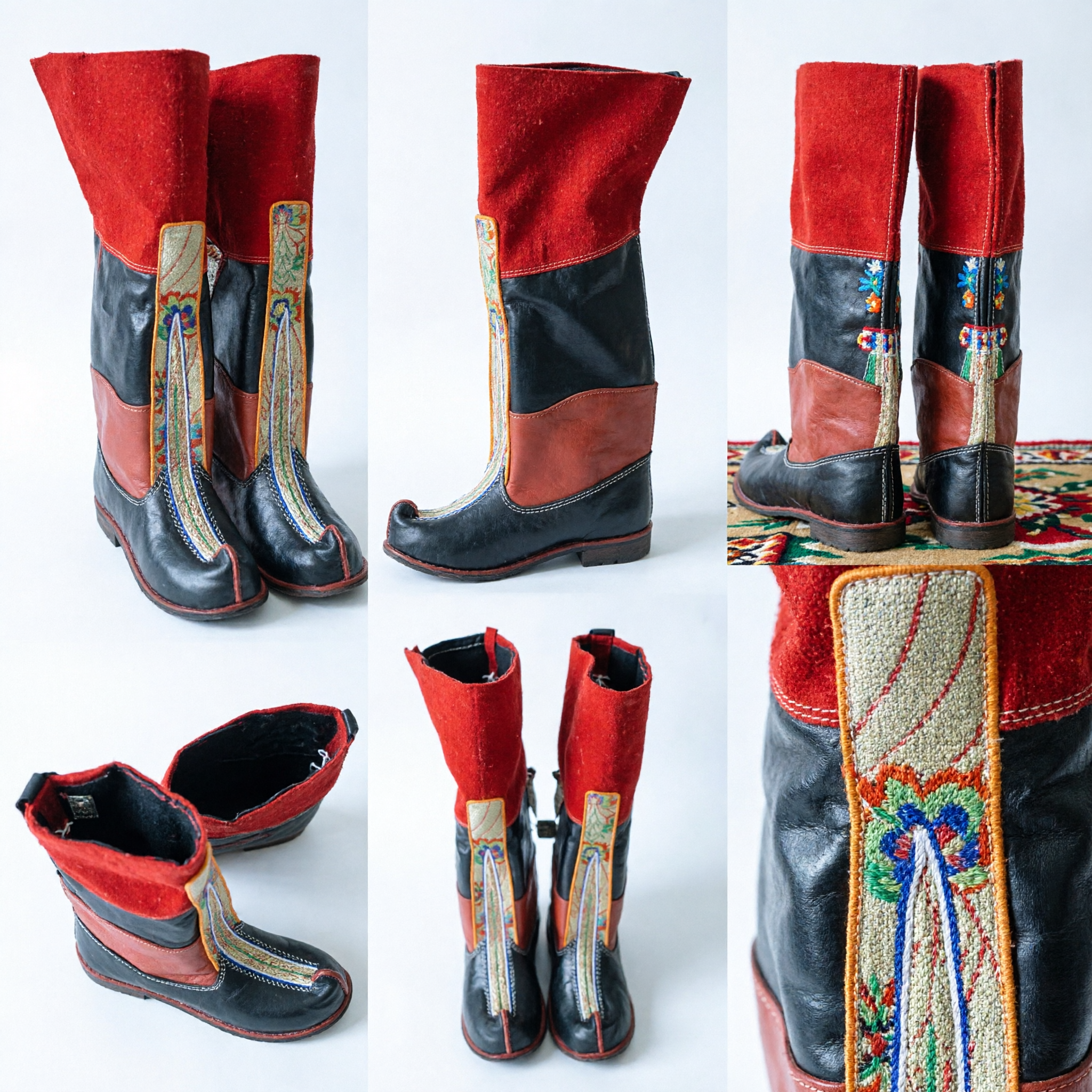 Traditional Chinese Mongolian Boots Red and Black Embroidery Folk Dance Shoes Ethnic Costume Footwear
