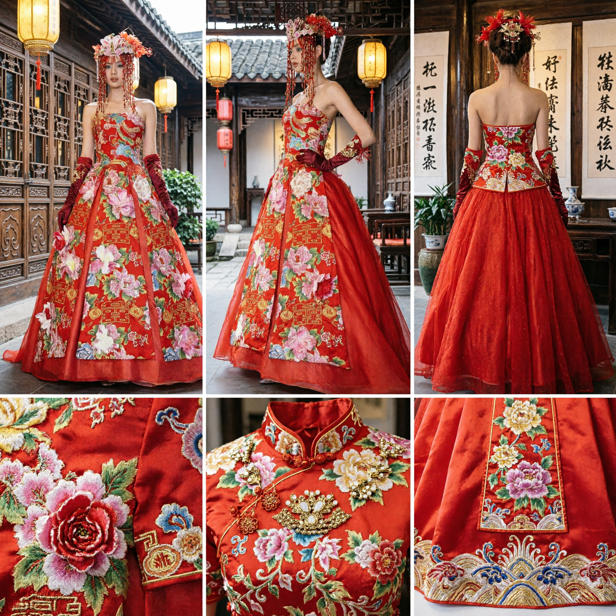 Traditional Red Chinese Wedding Dress with Peony Embroidery and Double Happiness Symbols for Bridal Ceremony