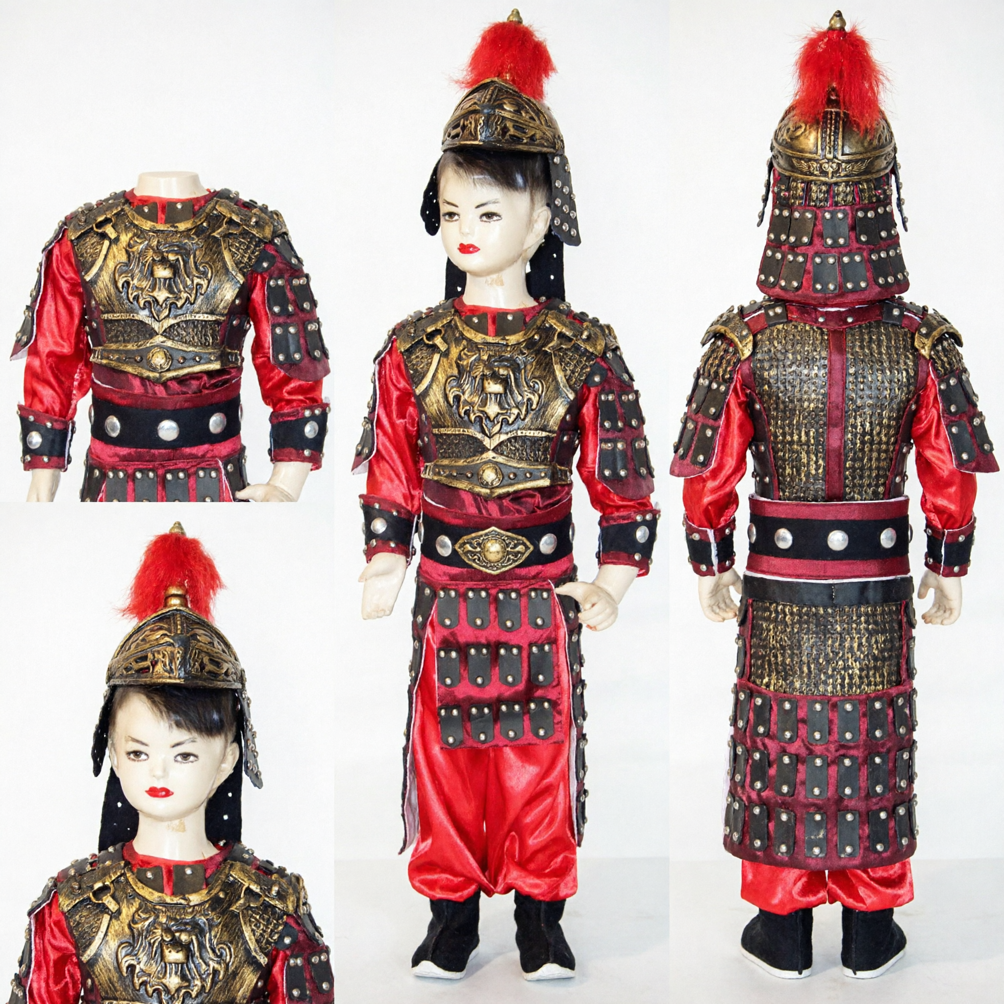 Kids Ancient Chinese General Warrior Armor Costume Red Gold Peking Opera Stage Performance Halloween Cosplay Outfit