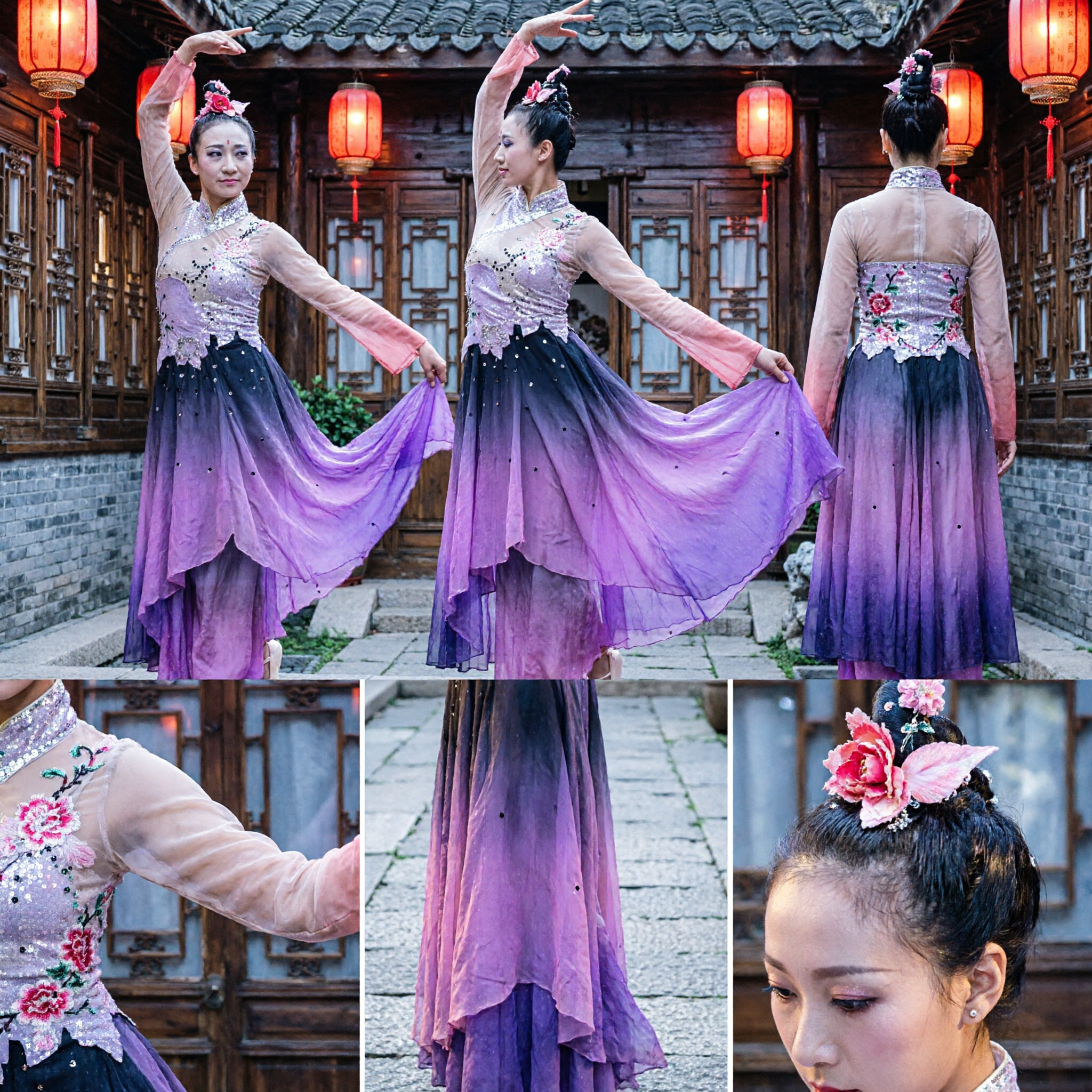 Elegant Gradient Purple Chinese Classical Dance Costume Women's Traditional Long Sleeve Stage Performance Dress
