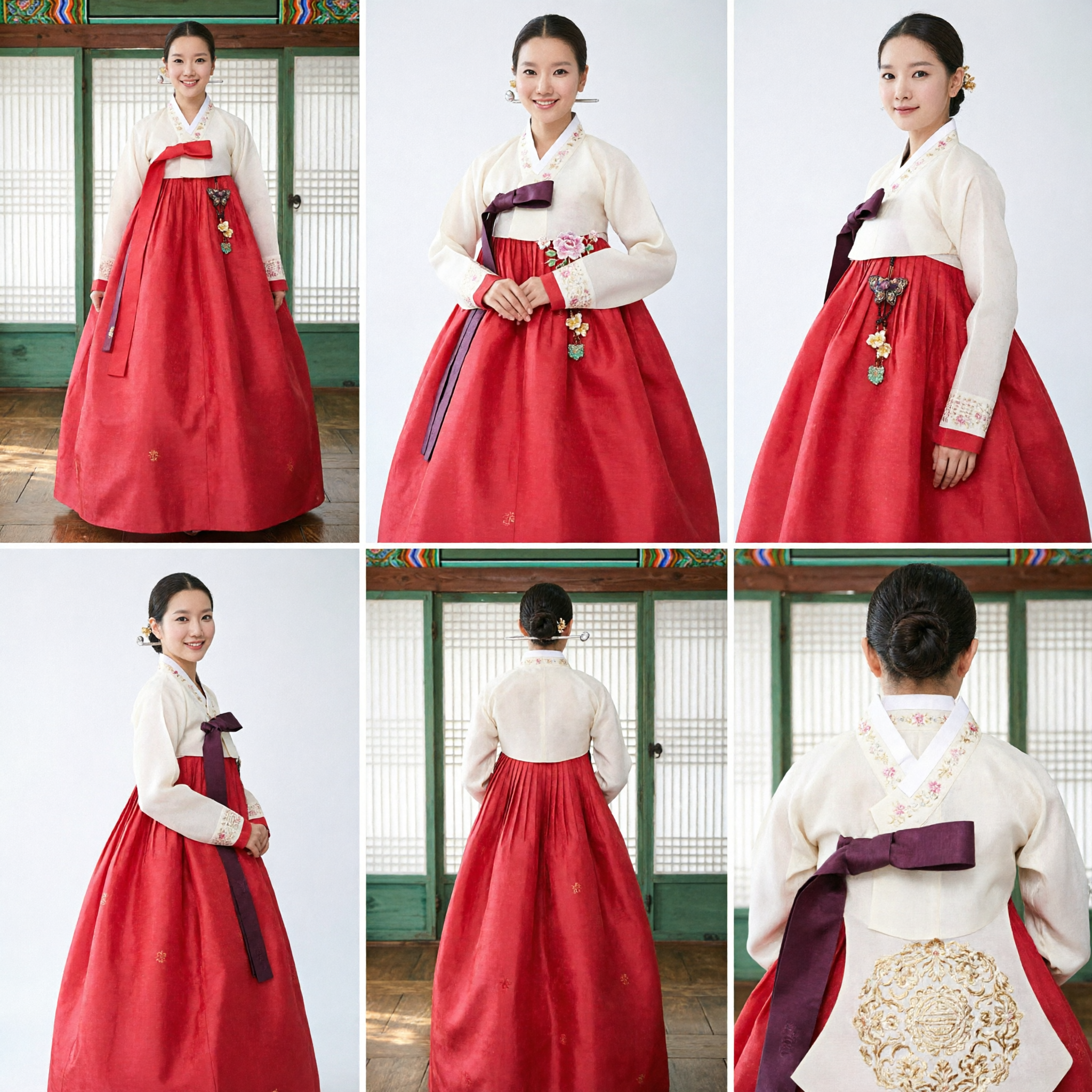 Elegant Women's Korean Traditional Hanbok Set Red Skirt White Top Formal Wedding Dress