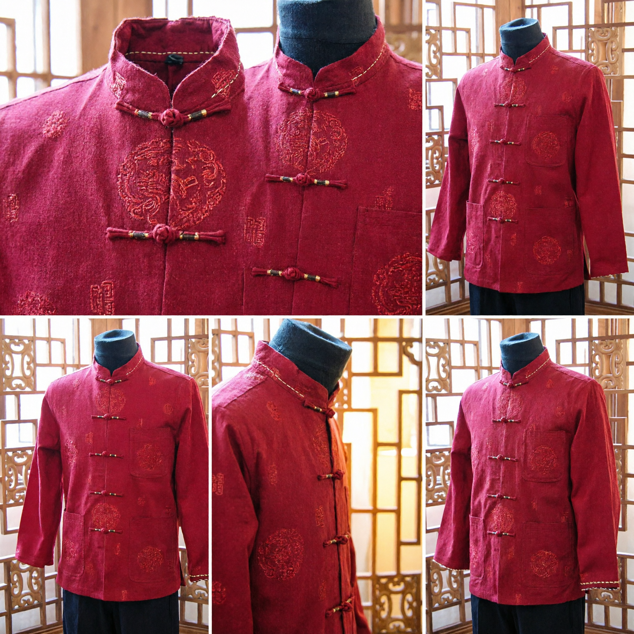 Men's Red Traditional Chinese Tang Suit Jacquard Jacket Mandarin Collar Top for Wedding and Lunar New Year