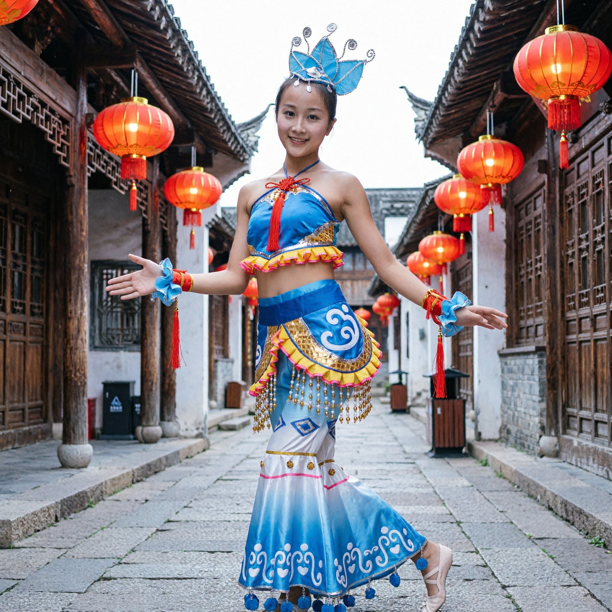 Blue Traditional Chinese Folk Dance Costume Ethnic Minority Performance Outfit with Lotus Headpiece for Women