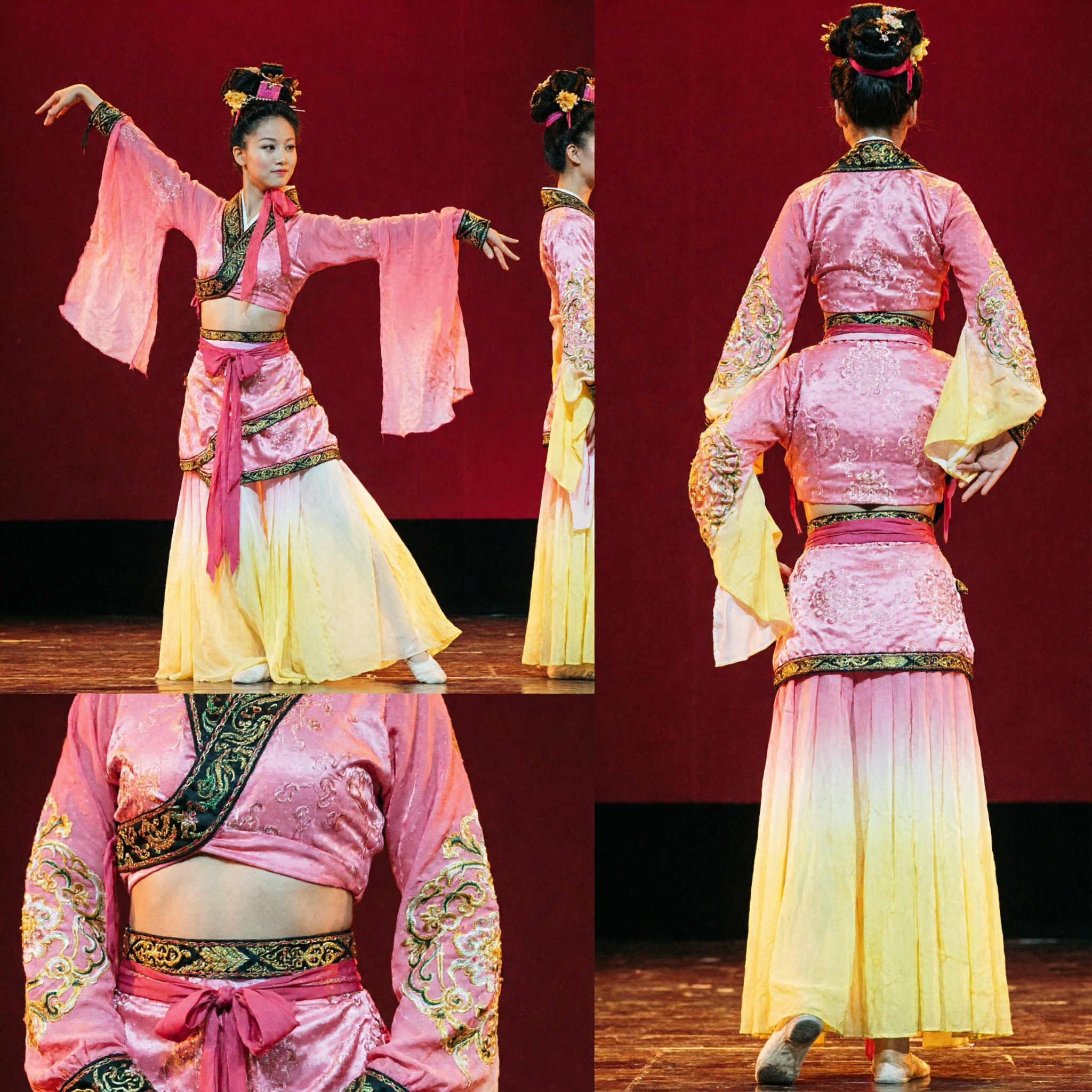 Traditional Chinese Classical Dance Costume Pink Flowing Dress with Pheasant Feather Headpiece for Women Stage Performance