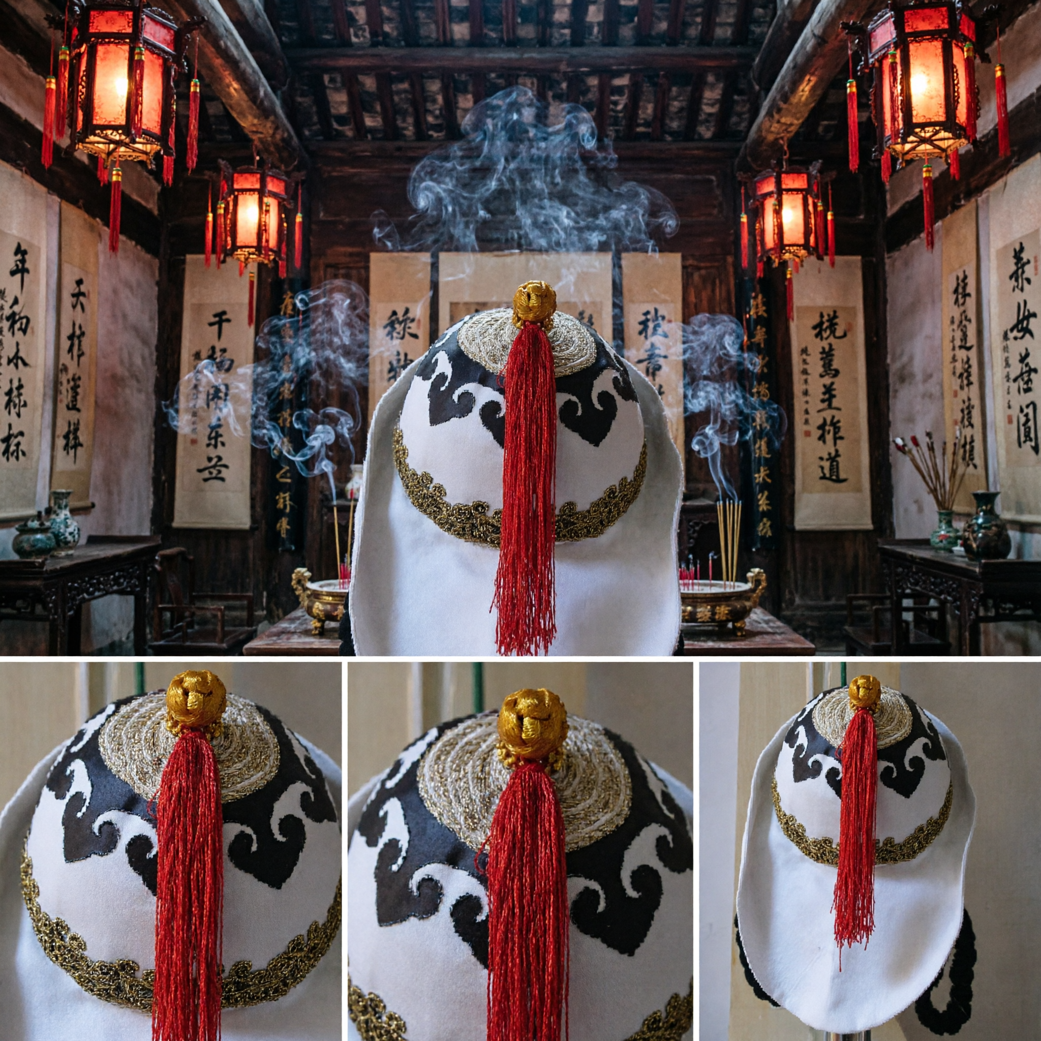 Traditional Chinese Mongolian Ethnic Hat with Red Tassel and Gold Trim for Folk Dance Costume and Festivals