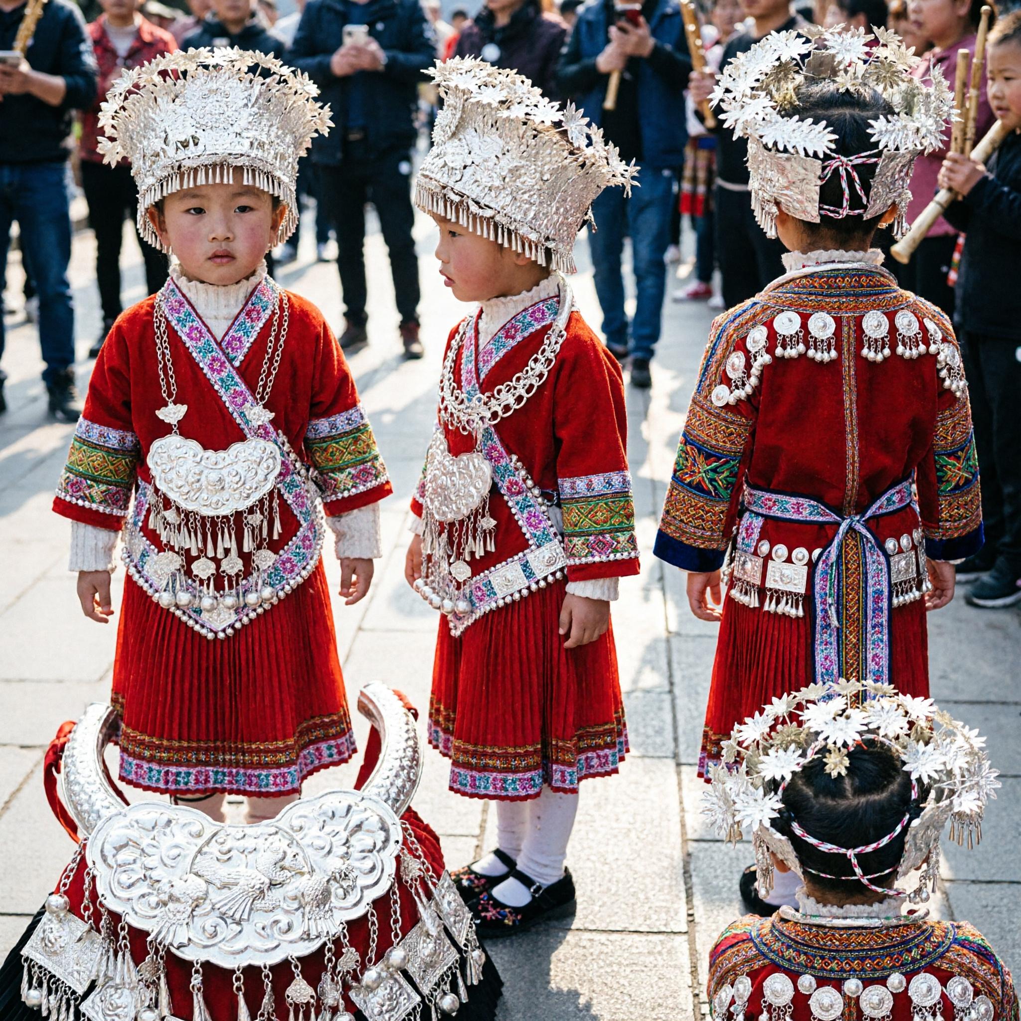 Traditional Chinese Miao Ethnic Minority Children Costume Complete Set with Silver Headdress for Kids Folk Dance Performance