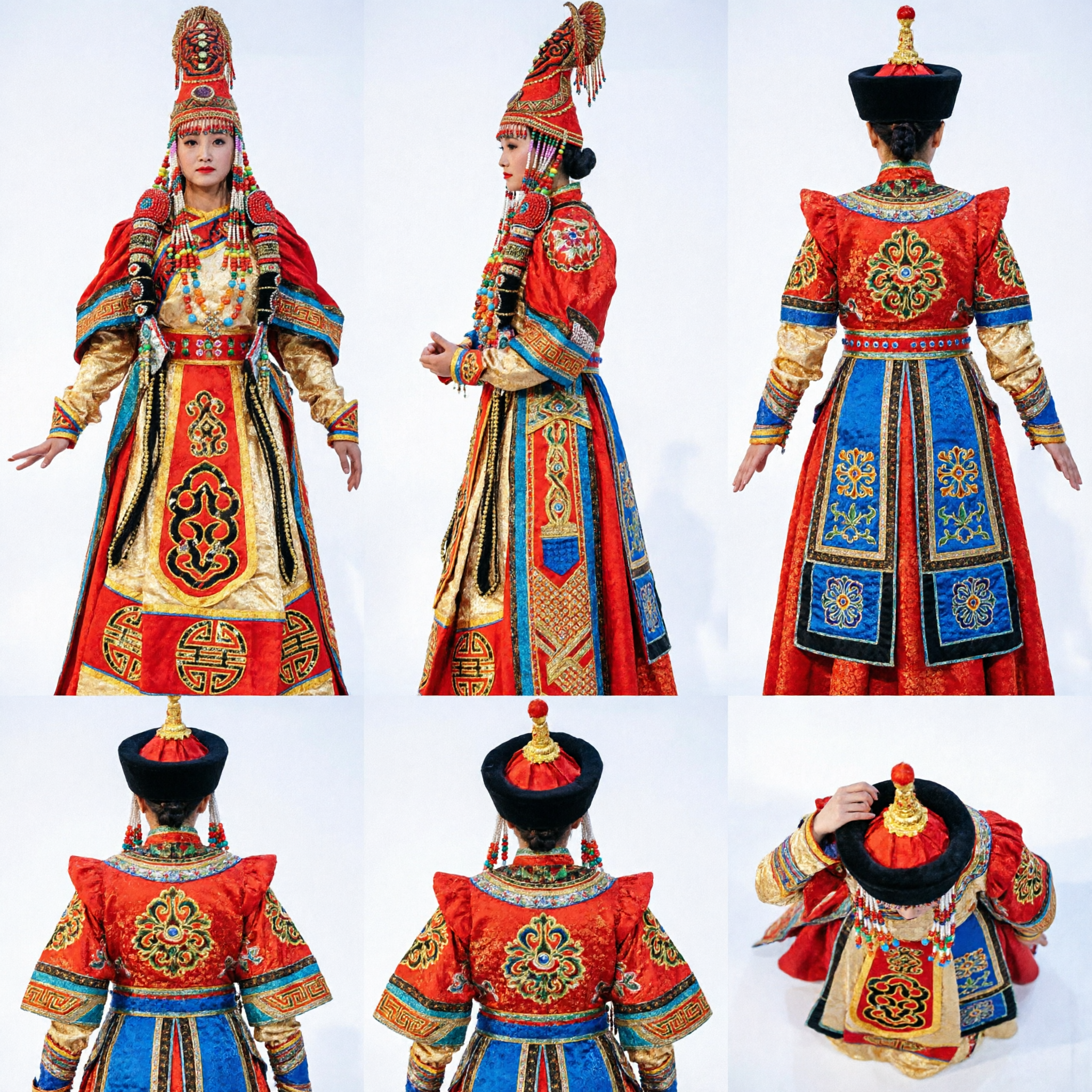 Women's Traditional Mongolian Ethnic Stage Costume Red Gold Embroidered Robe and Headdress for Folk Dance Performance