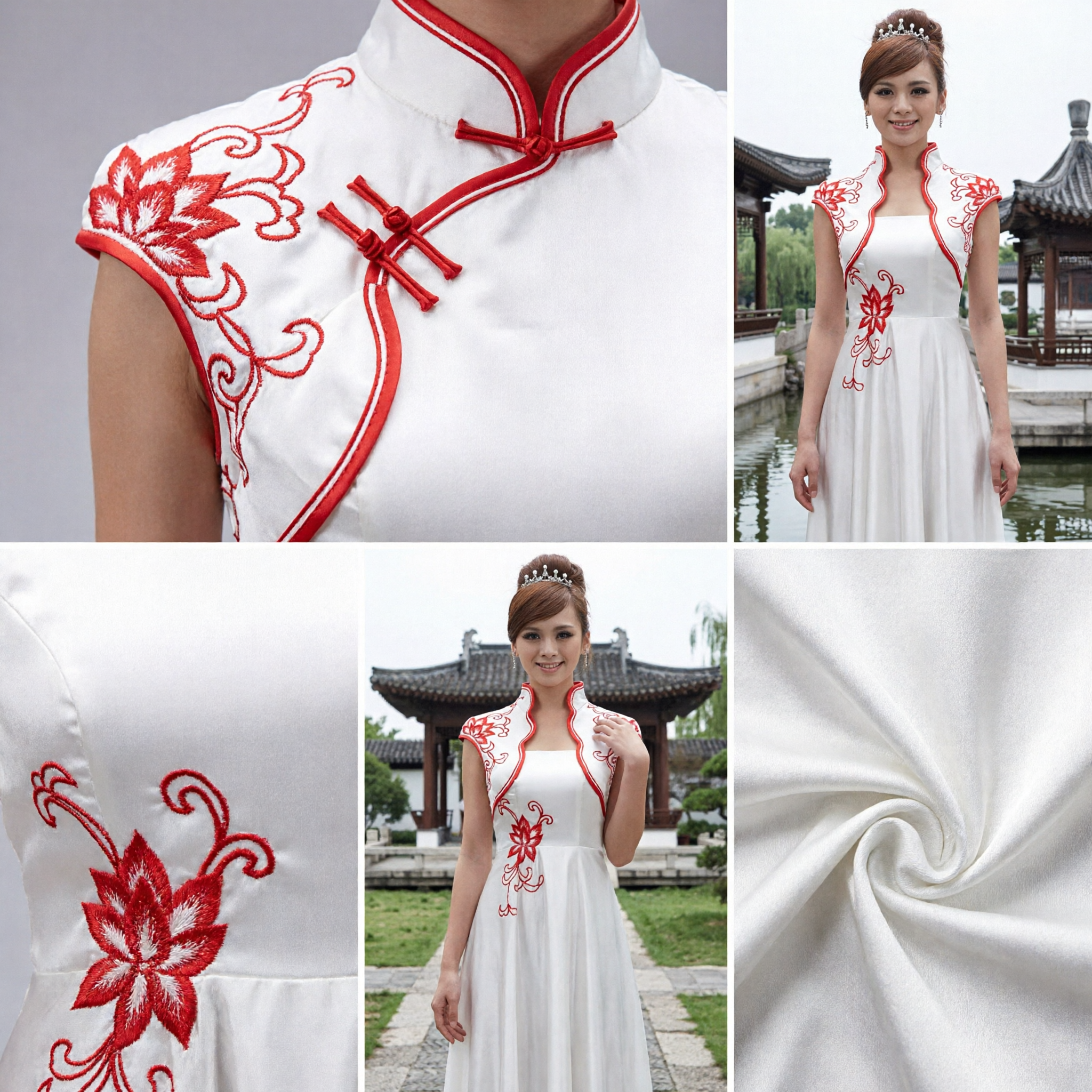 Elegant White Chinese Style Qipao Evening Gown with Red Floral Embroidery Mandarin Collar Wedding Dress