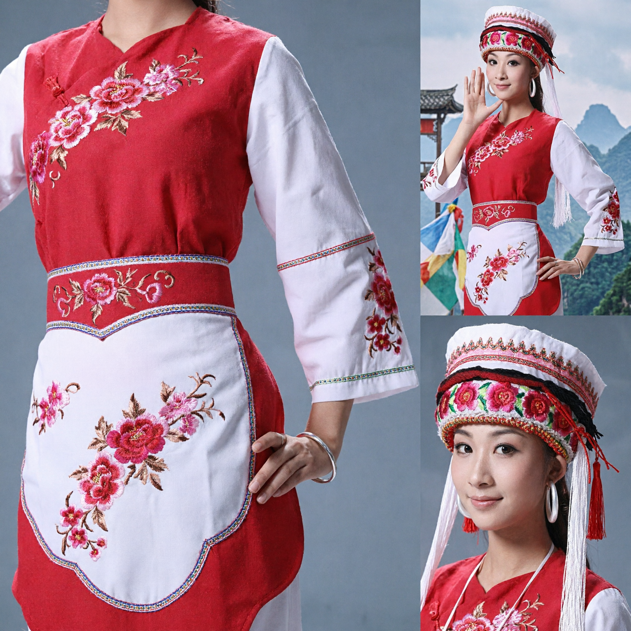 Traditional Chinese Bai Nationality Folk Dance Costume Red and White Embroidered Performance Outfit for Women