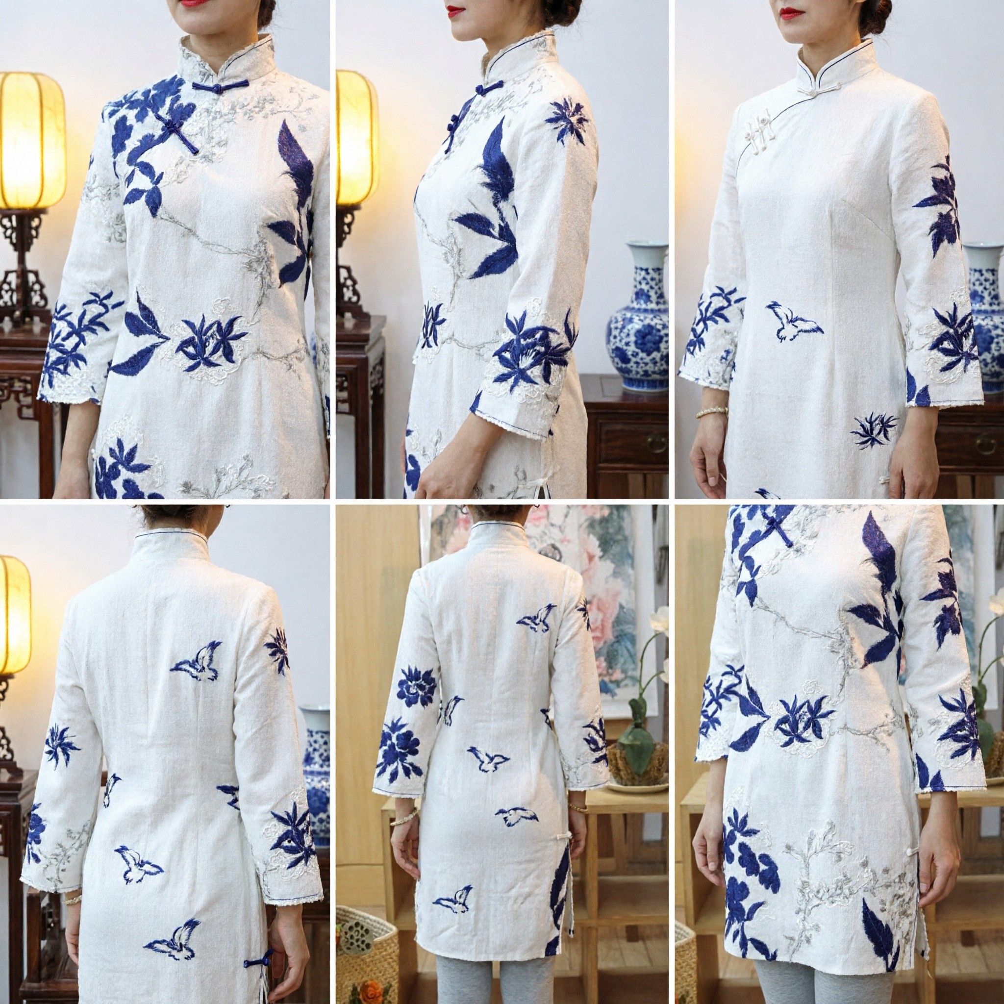 Women's White Chinese Traditional Cheongsam Top Blue Floral Ink Print Silk Qipao Dress for Tea Ceremony