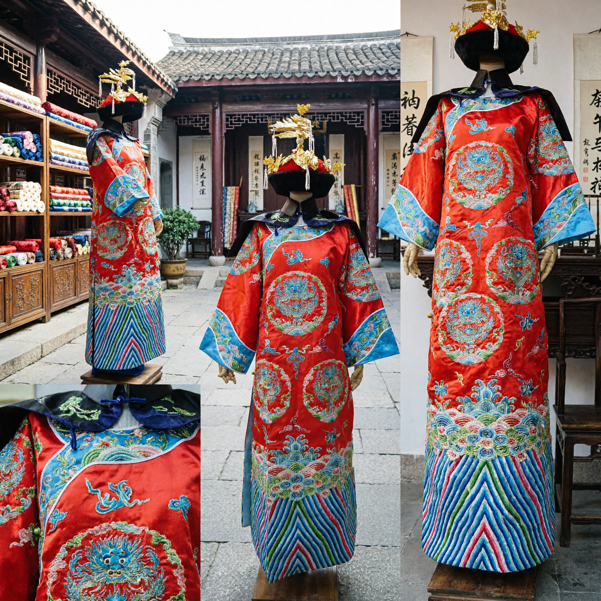 Traditional Chinese Red Dragon Robe Qing Dynasty Emperor Costume for Men Wedding Stage Performance