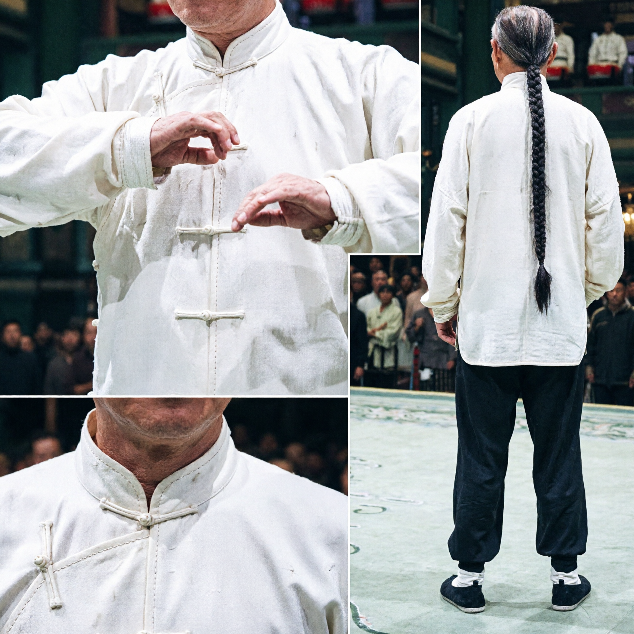 Men's Traditional Chinese Kung Fu Uniform White Tang Suit Top Black Pants Tai Chi Martial Arts Set