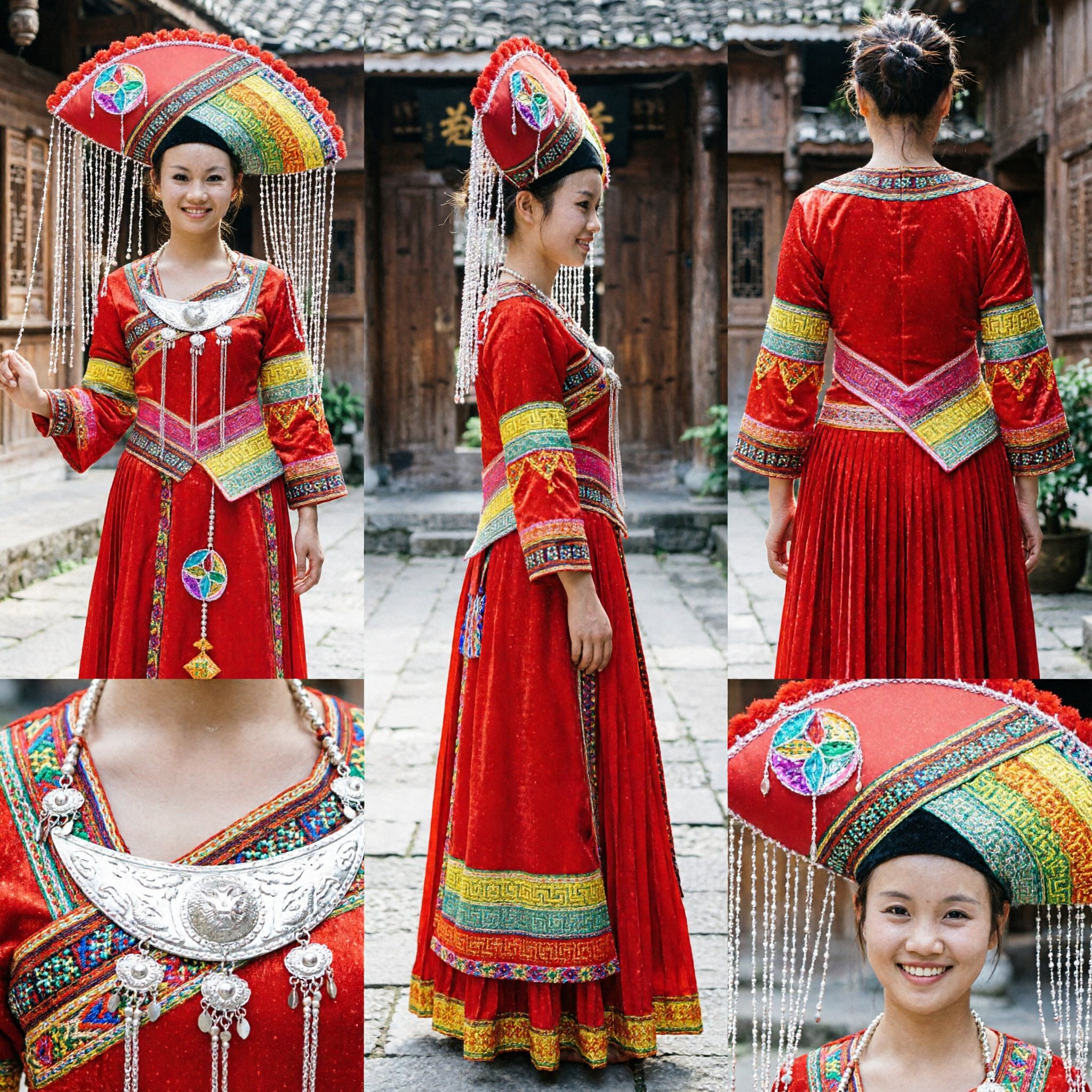 Traditional Chinese Zhuang Ethnic Red Dress and Beaded Hat Set for Women Folk Dance Performance