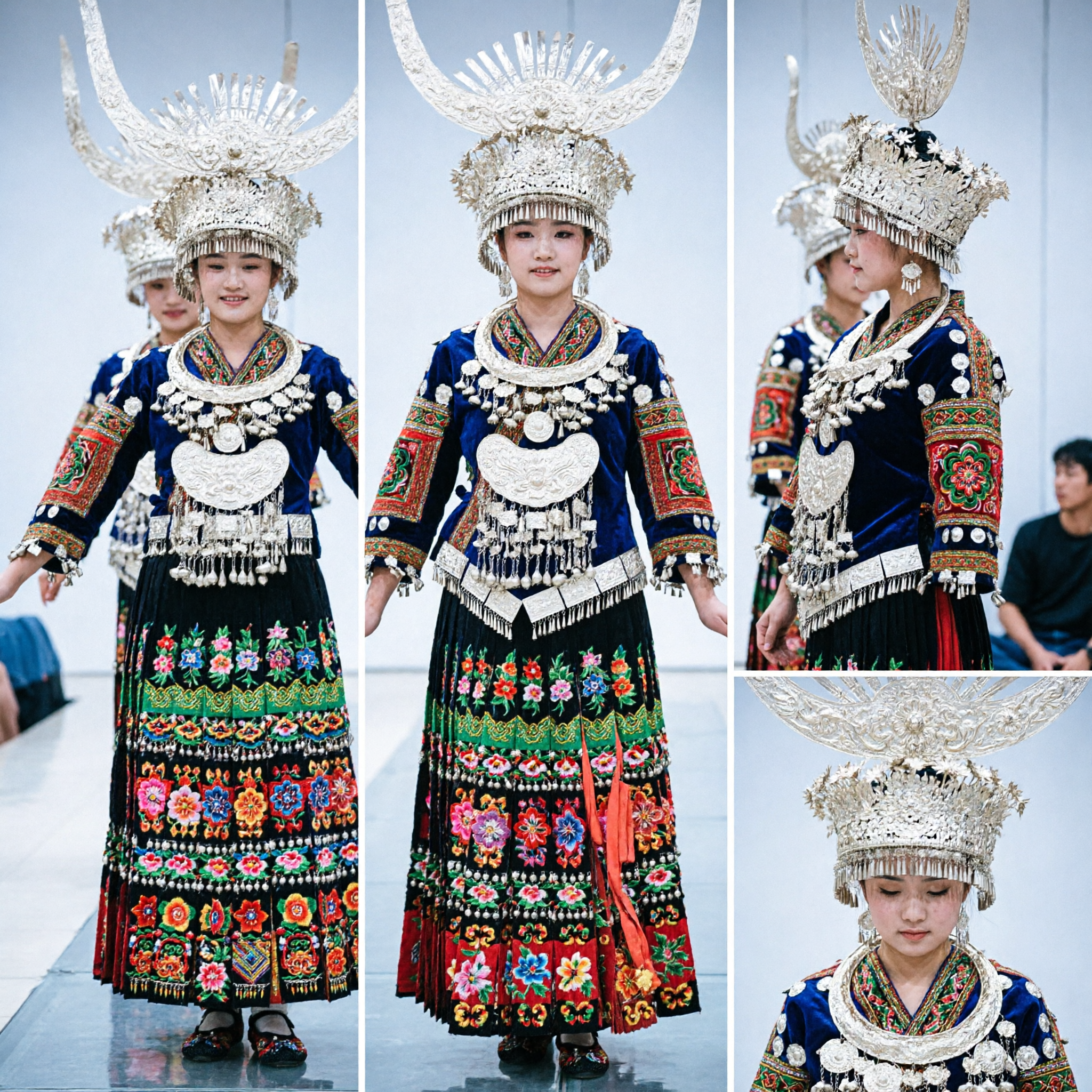 Women's Traditional Chinese Miao Minority Stage Performance Costume with Ornate Silver Headdress and Embroidered Dress