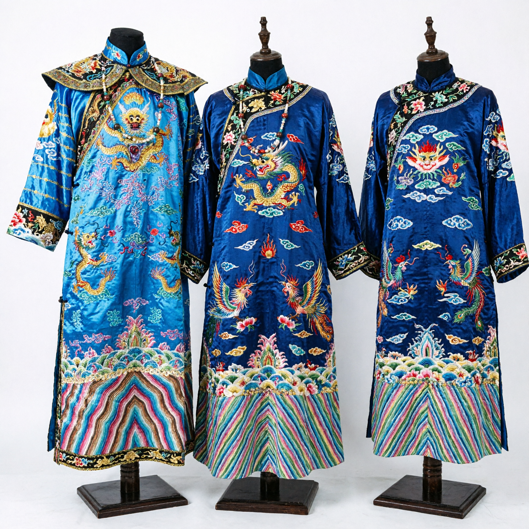 Men's Traditional Chinese Qing Dynasty Imperial Blue Dragon Robe and Official Rank Badge Costume Set