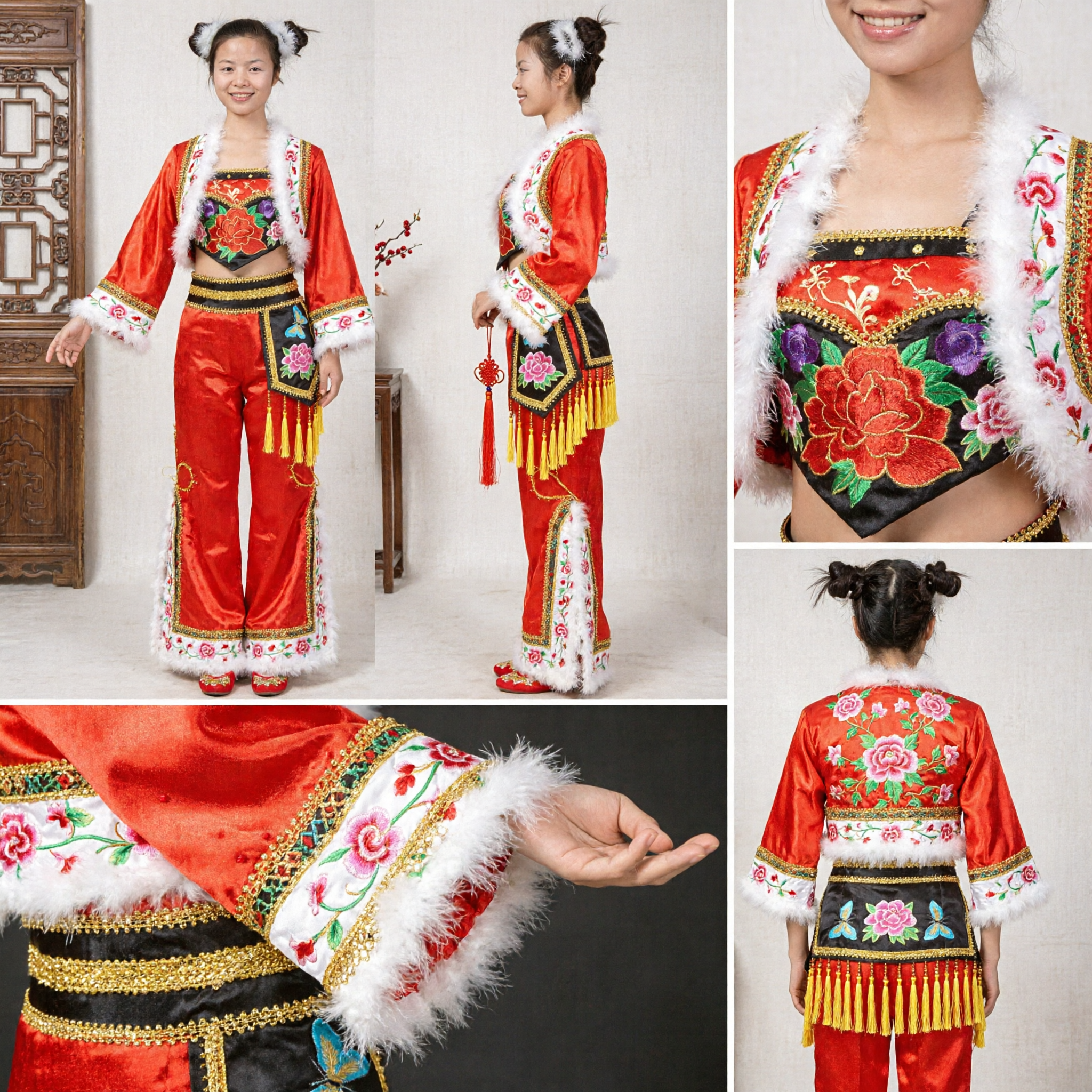 Women's Red Chinese Traditional Folk Dance Costume Yangge Fan Dance Outfit with Floral Embroidery and Fur Trim