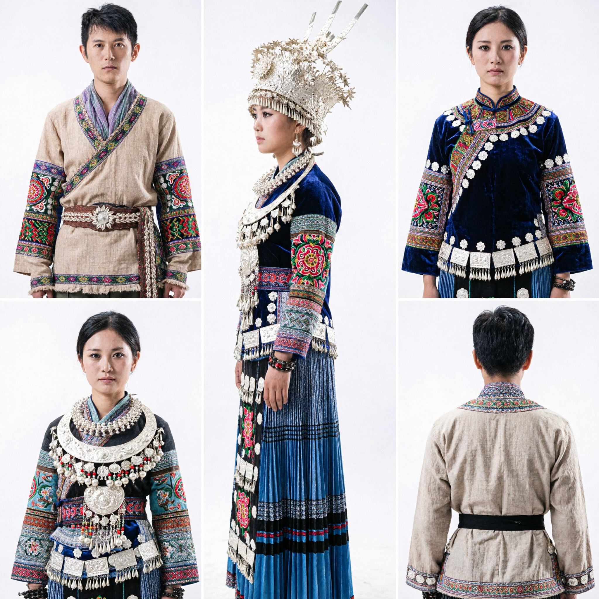 Traditional Chinese Miao Ethnic Couple Costume with Silver Headdress and Embroidered Skirt for Wedding Festival