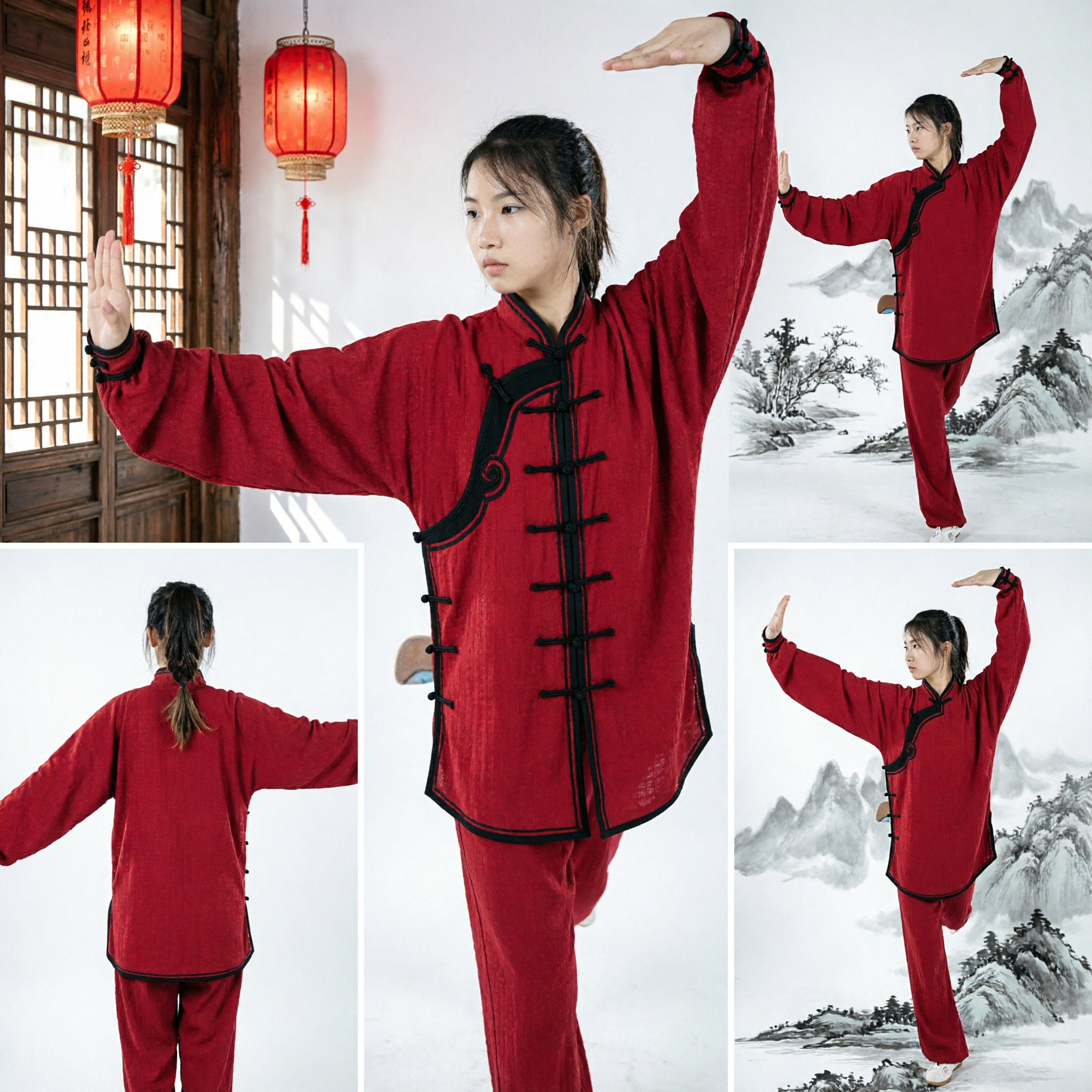 Traditional Red Kung Fu Uniform for Women Tai Chi Suit Martial Arts Wushu Clothing with Black Trim