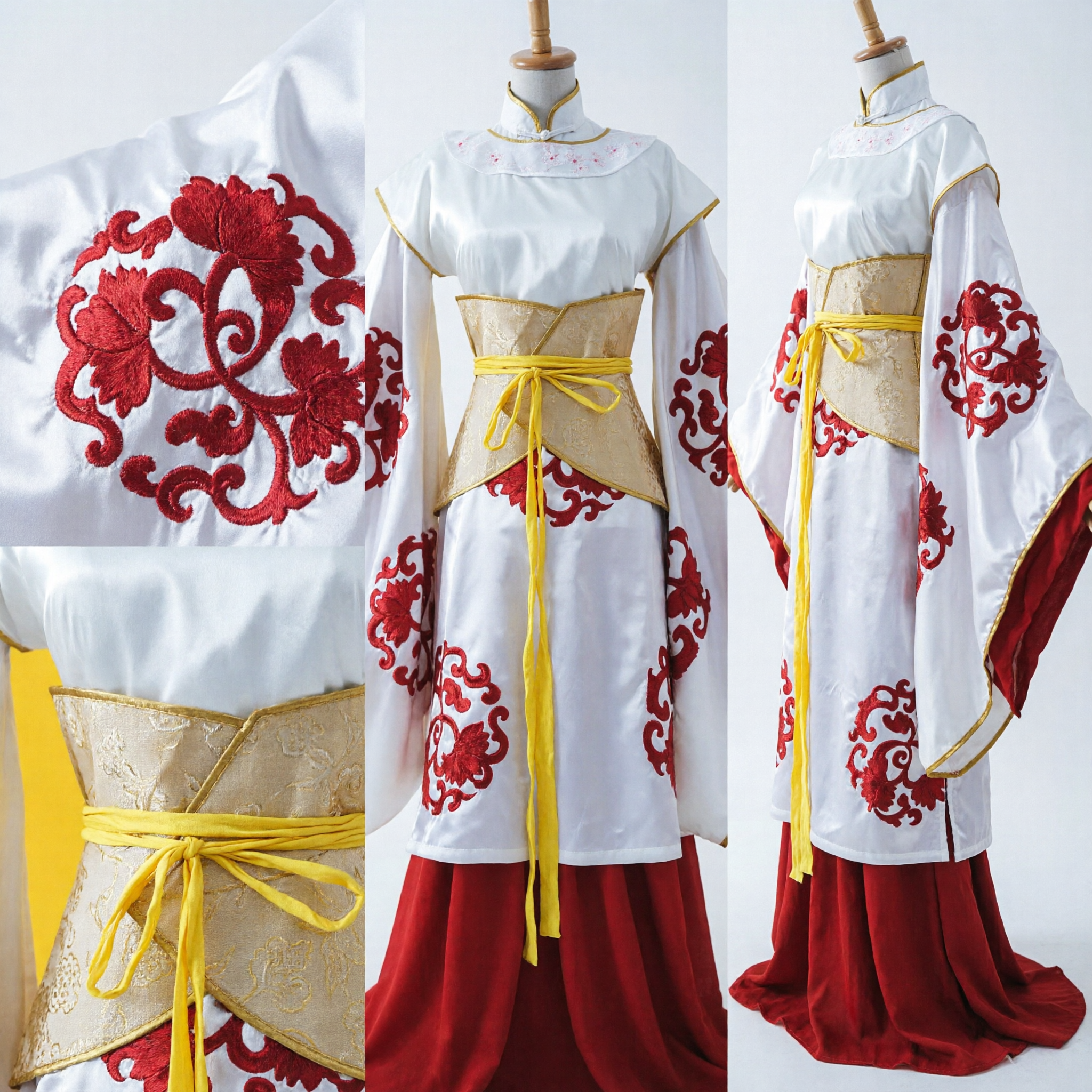 Traditional Chinese Hanfu Costume White Robe Red Embroidery Gold Belt for Women Cosplay Stage Performance